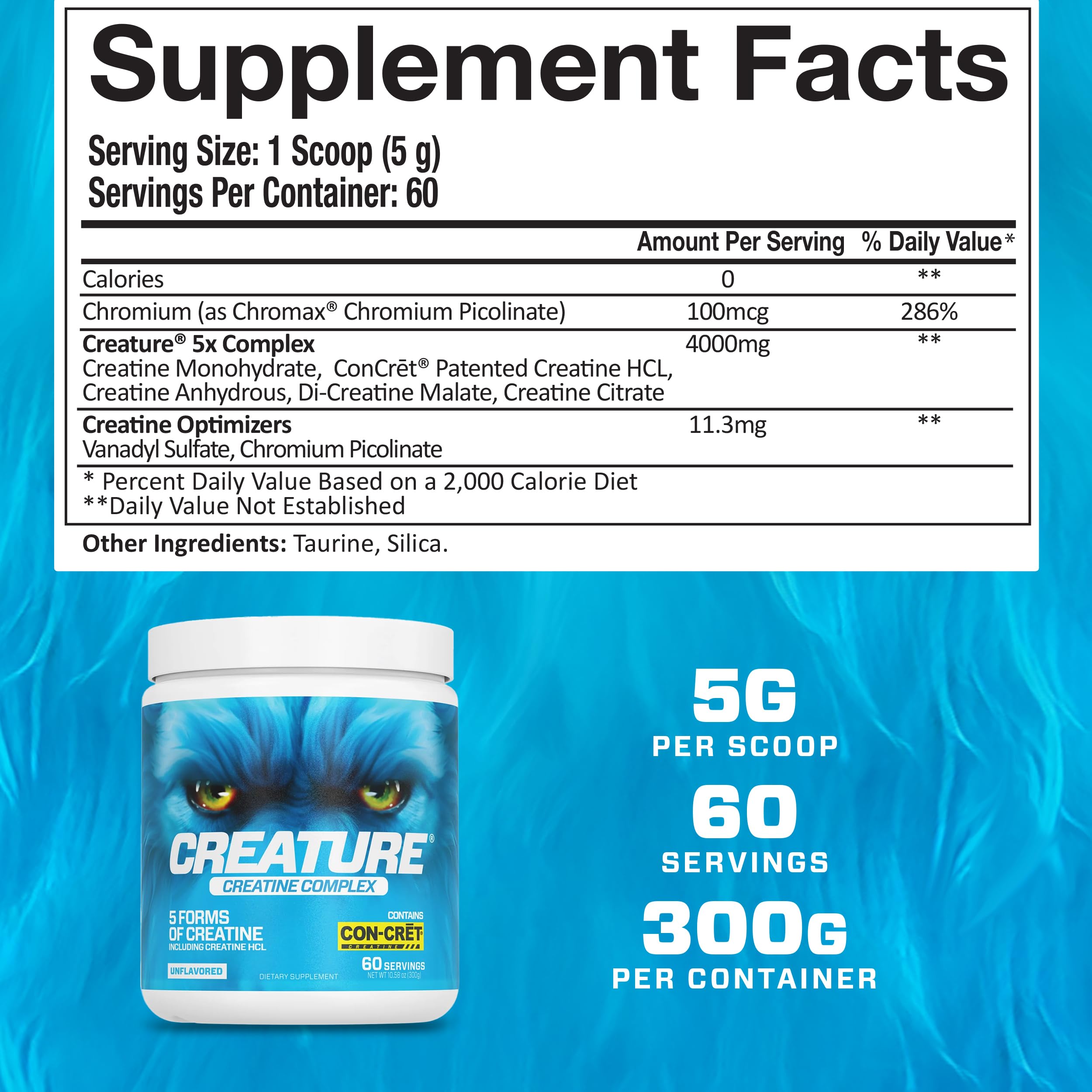 CREATURE® Creatine Complex - Creatine Monohydrate Powder with 5 Types of Creatine Including Con-Crēt® Creatine HCL, Promotes Muscle, Strength, Endurance, Brain Health, Unflavored, 300g 60 Servings CREATURE uk supplements