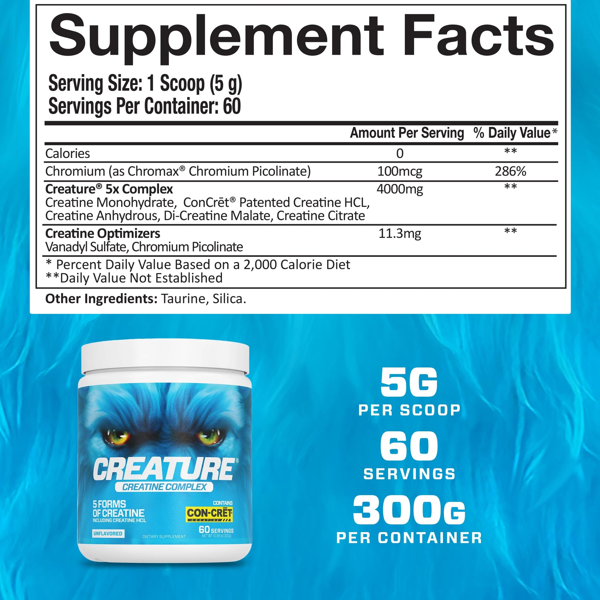CREATURE® Creatine Complex - Creatine Monohydrate Powder with 5 Types of Creatine Including Con-Crēt® Creatine HCL, Promotes Muscle, Strength, Endurance, Brain Health, Unflavored, 300g 60 Servings CREATURE uk supplements