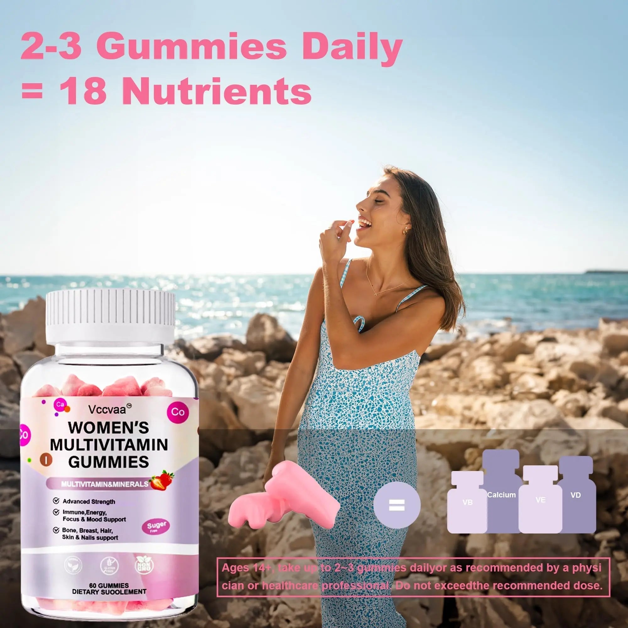 Vccvaa Sugar Free Multivitamin Gummies for Women 14+ with Iron, Inositol, Folate, Vitamins A C D3 E B12 K2, Herbal & Mineral Blend Vccvaa uk supplements