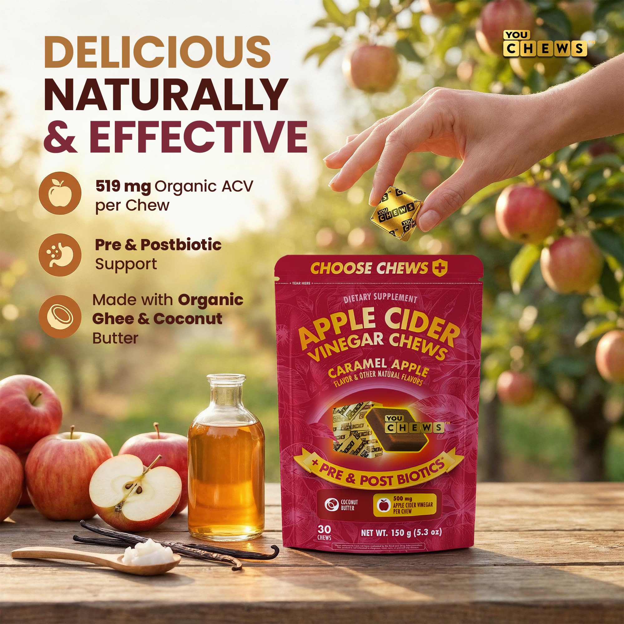YouChews Apple Cider Vinegar Chews Better Than Apple Cider Gummies - Bloating Relief for Women and Men, 500mg Organic ACV with Prebiotics & Postbiotics, Low Sugar, Caramel Flavor, 30 Count YouChews uk supplements