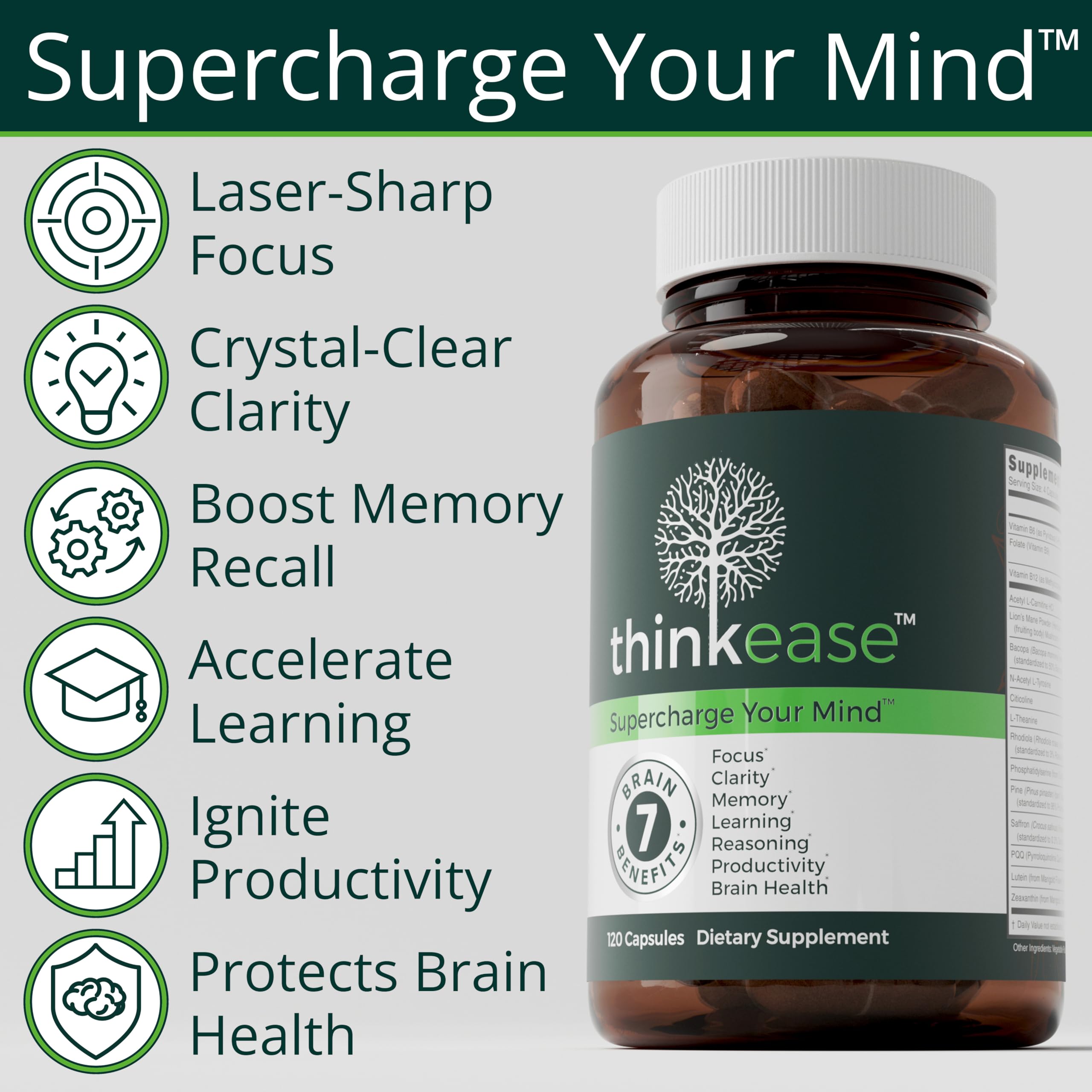 ThinkEase Brain Supplement (120 Capsules) | Memory, Mental Clarity, Focus, Cognitive Performance | Nootropic Supplement with L-Theanine, Acetyl L-Carnitine, Phosphatidylserine, Lion's Mane & More ThinkEase uk supplements