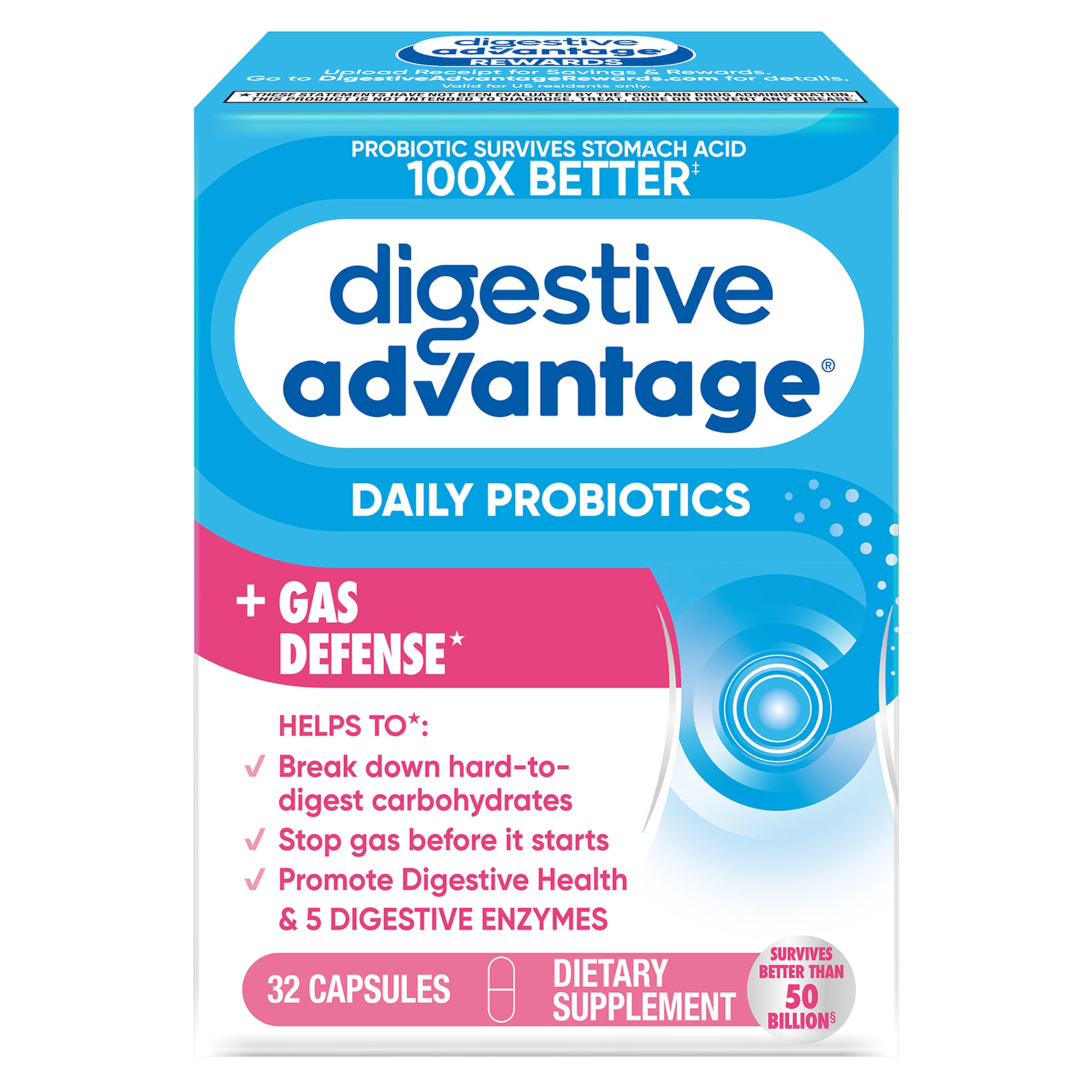 Digestive Enzyme and Probiotic Capsule- Digestive Advantage 32 Capsules, Survives 100x Better than regular 50 billion CFU, Breaks down food, helps prevent gas Digestive Advantage uk supplements
