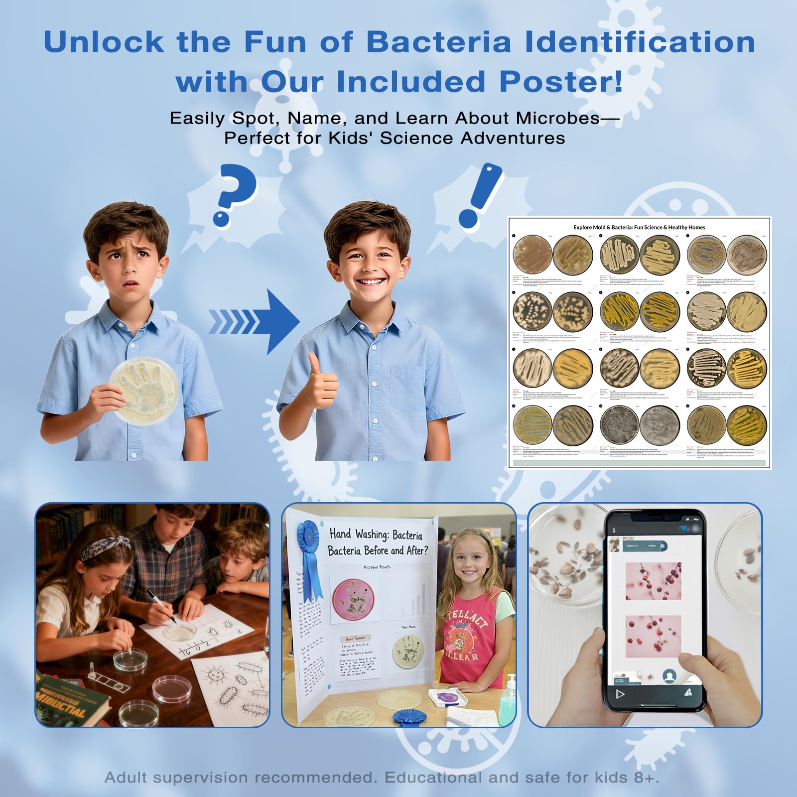 Giant Microbiology Bacteria Science Kit for Kids:2 XL 150mm Prepoured Nutrient Agar Plates, Petri Dishes with Agar & Colony Characteristics Poster for School Projects & Educational Gifts Mosynex uk supplements