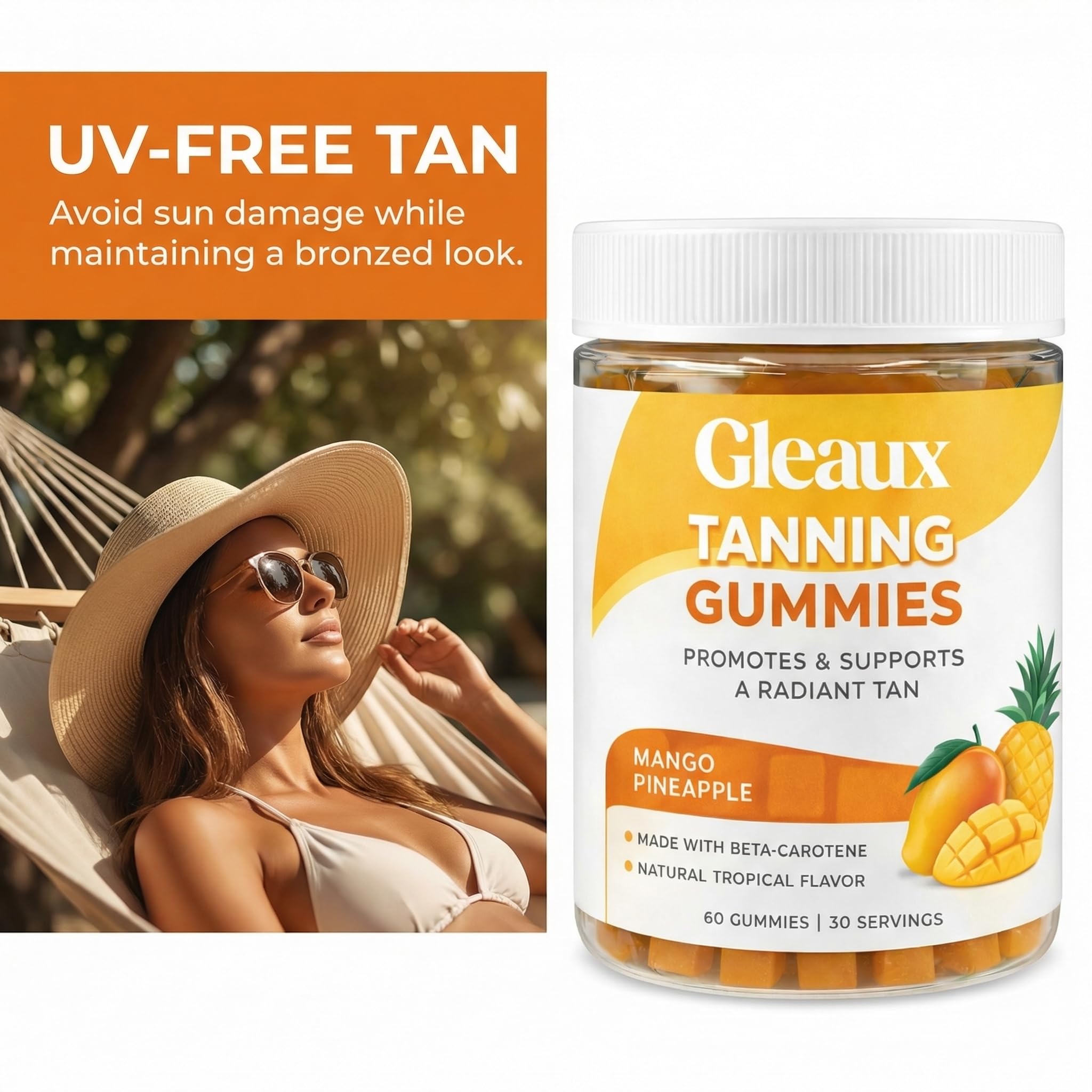 DXWXH Gleaux Tanning Gummies, Tanning Gummies for Women, Sunless Radiance Support with Beta Carotene, Astaxanthin & Lycopene, for Skin Health & Complexion Support, Mango Pineapple Flavor, 60 Gummies DXWXH uk supplements