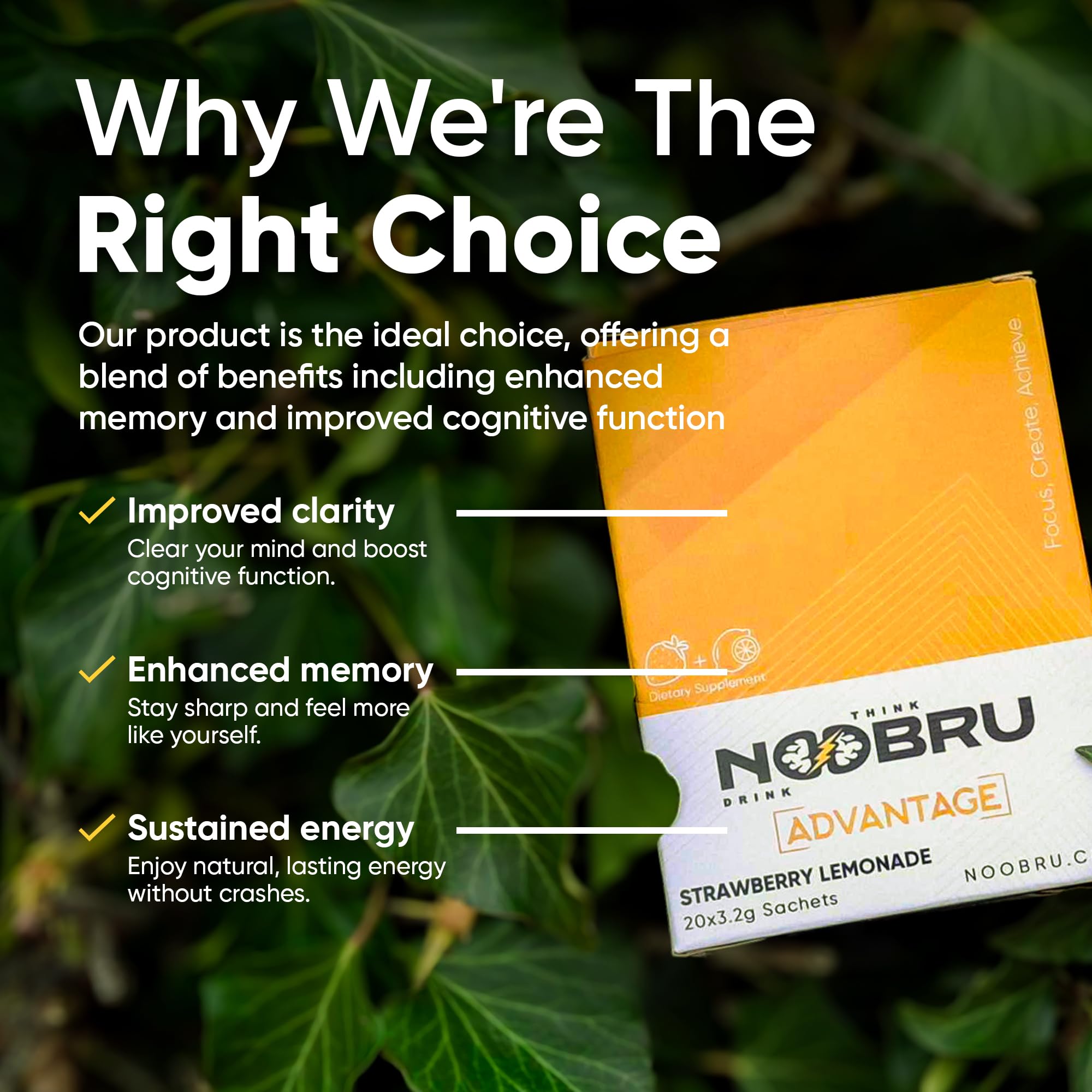 Noobru Аdvantage Nootropic - Delicious Nootropics Brain Supplement with 11 Active Ingredients - Natural Cognitive Enhancer - 20 Strawberry Lemonade Sachets - 1 Month Supply, 20 Count (Pack of 1) Noobru uk supplements