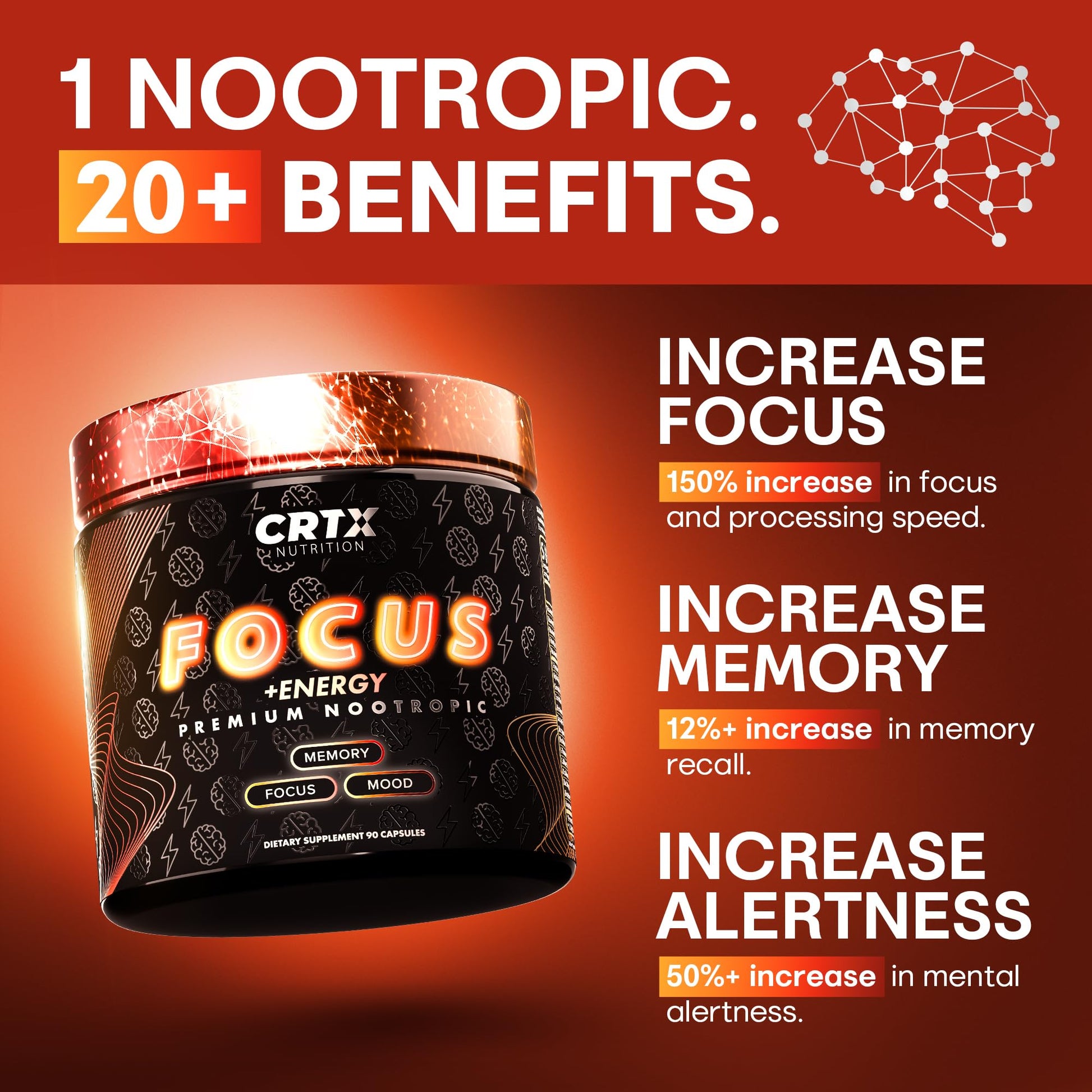 Nootropic Strongest Focus Supplement - Clinically Backed Ingredients Made in USA - Scientifically Backed Doses - Supplement for Brain Fog - AlphaGPC, Lions Mane, Rhodiola and More 10:1 90 Capsules CRTX Nutrition uk supplements