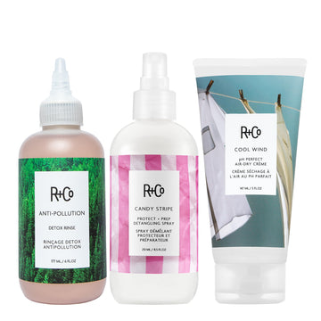 R+Co TEACUP Anti-Pollution Detox Rinse, CANDY STRIPE Protect + Prep Detangling Spray & COOL WIND pH Perfect Air Dry Crème Bundle – Hydration, Protection & Styling for All Hair Types R+Co uk supplements
