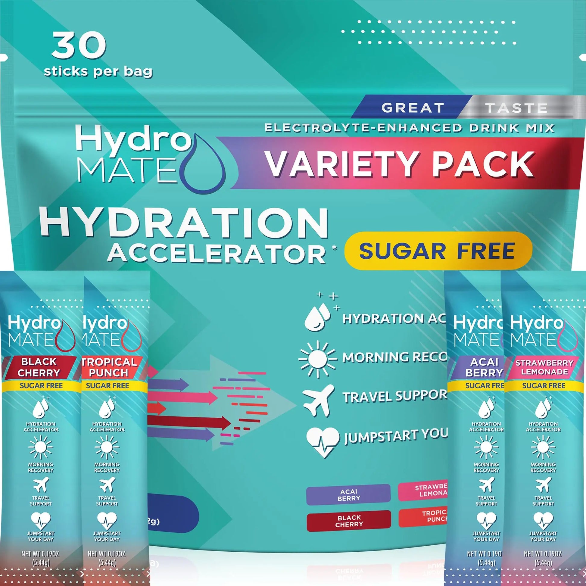 Electrolyte Powder Sugar-Free Hydration Packets Variety Pack HydroMATE 30 Sticks NatureWorks uk supplements