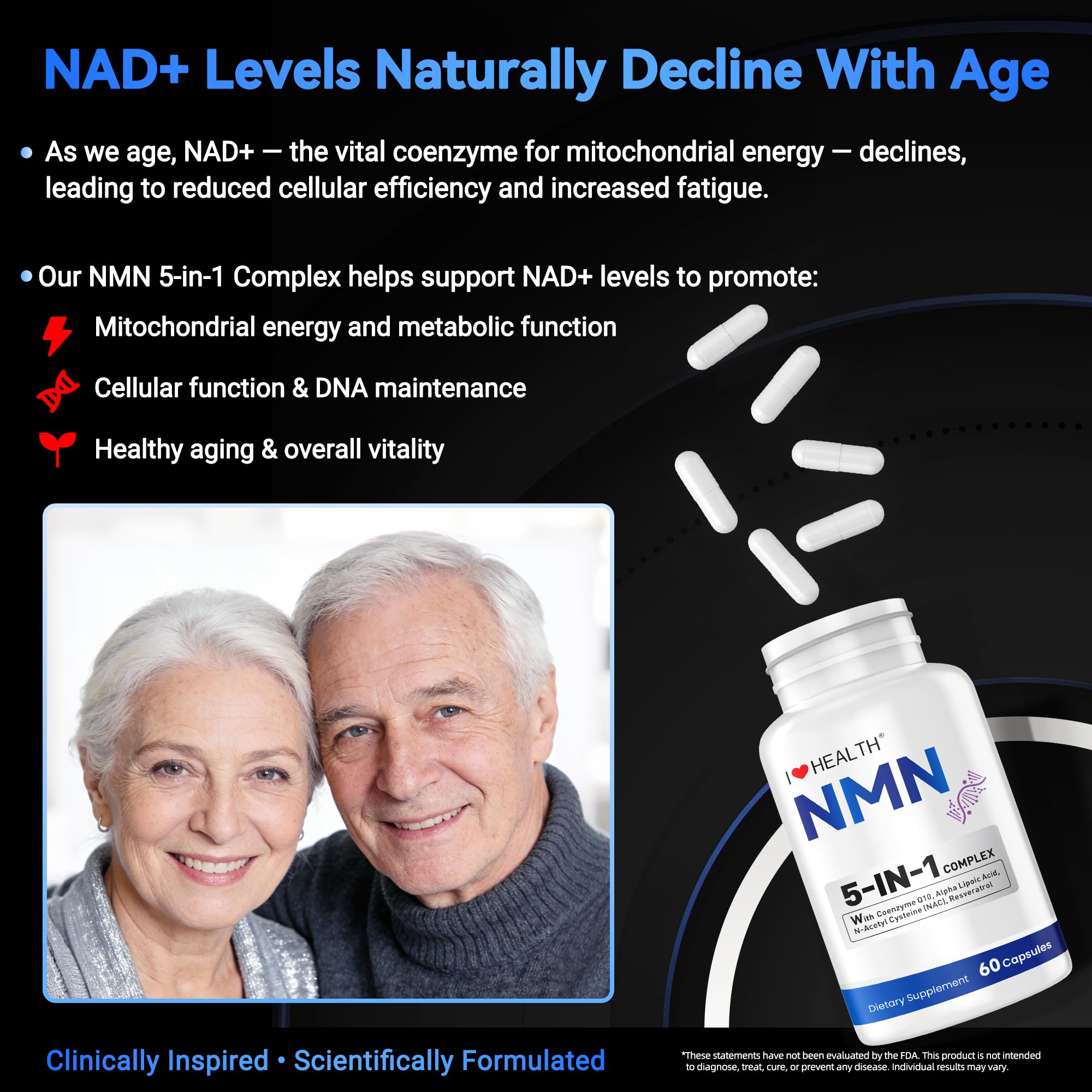 I LOVE HEALTH NMN Supplement, 5-in-1 Complex with NAC, Alpha Lipoic Acid, CoQ10 & Resveratrol - High Absorption Anti Aging Formula - Third Party Tested, cGMP, Gluten Free - 60 Capsules I LOVE HEALTH uk supplements