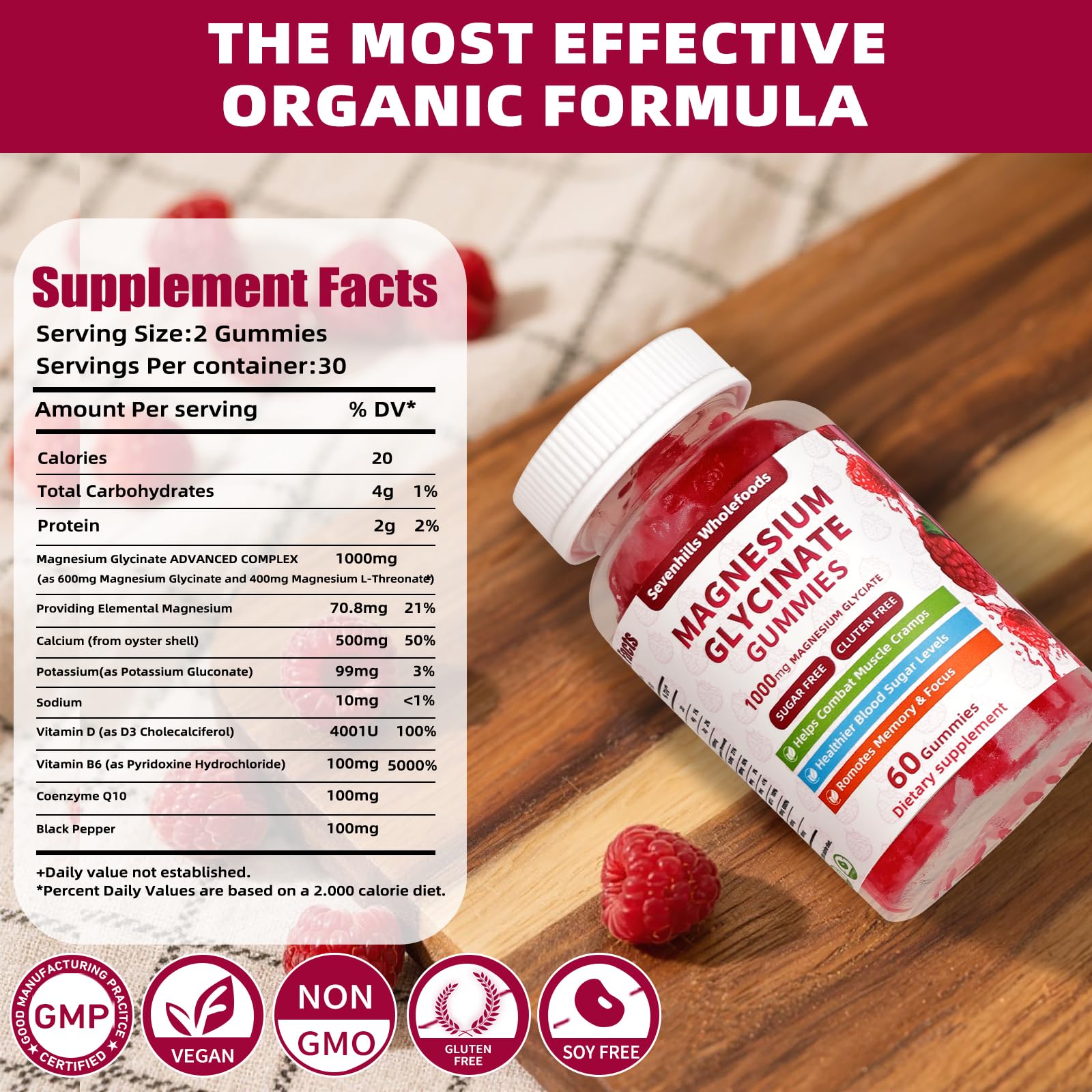 Magnesium Glycinate Gummies 1000mg - Sugar Free Magnesium Potassium Supplement for Relaxation, Calm, Stress Relief, and Sleep Support for Adults & Kids - 60 Raspberry Gummies Sevenhills Wholefoods uk supplements