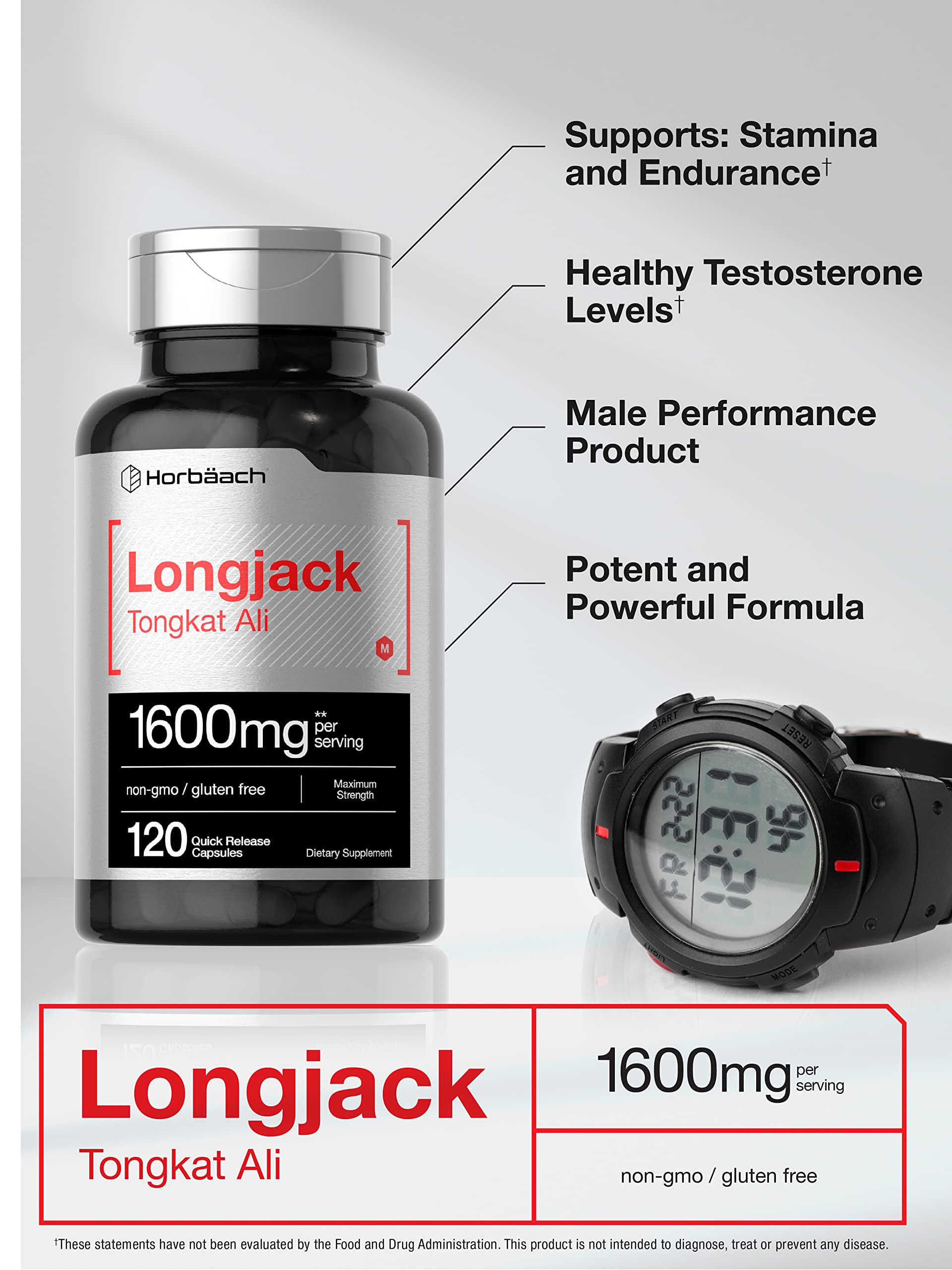 Longjack Tongkat Ali 1600 mg | 120 Capsules | Longifolia Root Extract Powder | Maximum Horbäach uk supplements