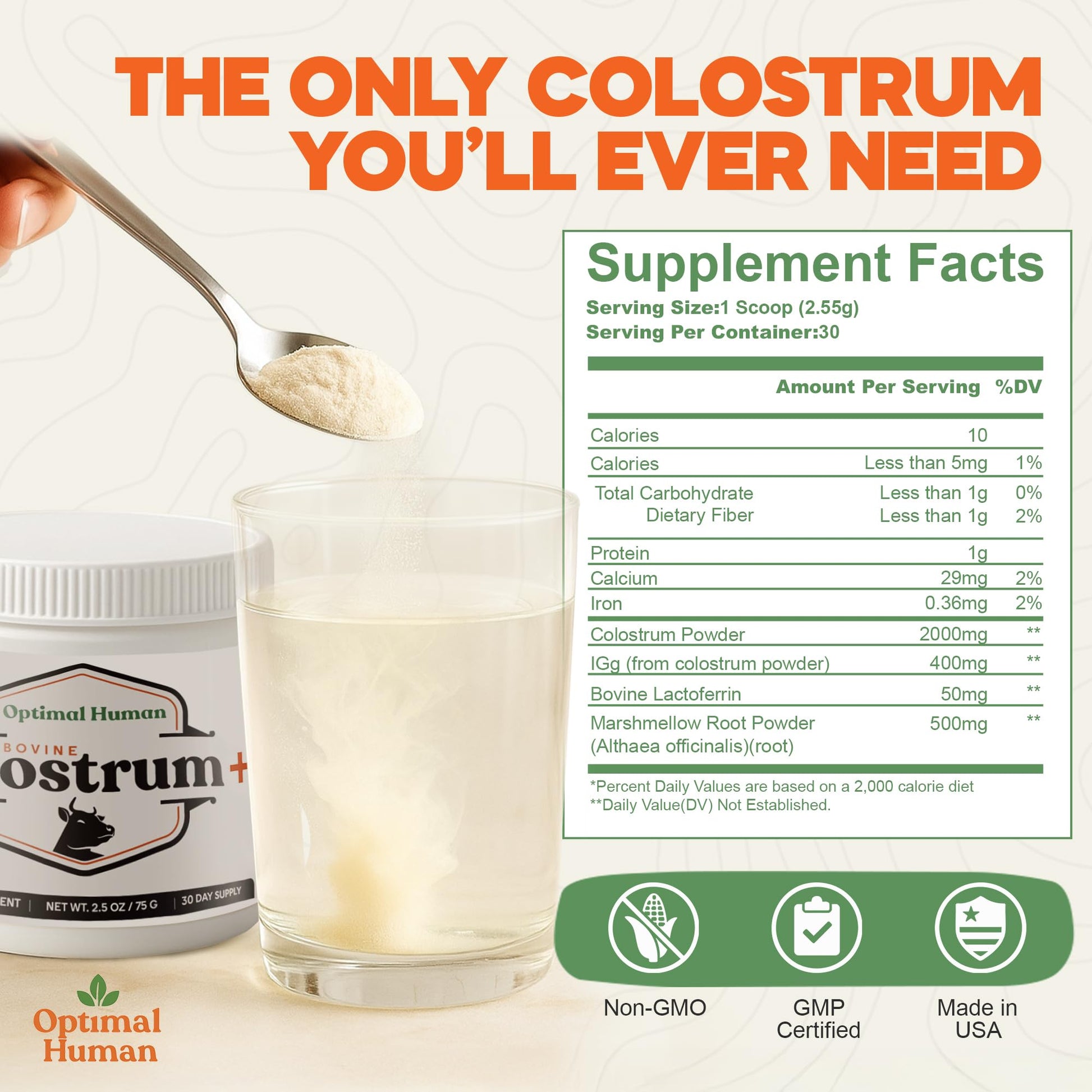 O H Optimal Human Bovine Colostrum Powder with Marshmallow Root – Gut & Immune Support Colostrum Supplement Capsules with IgG & Protein – Non-GMO, GMP Certified, Made in USA – Unflavored 30 Servings O H uk supplements