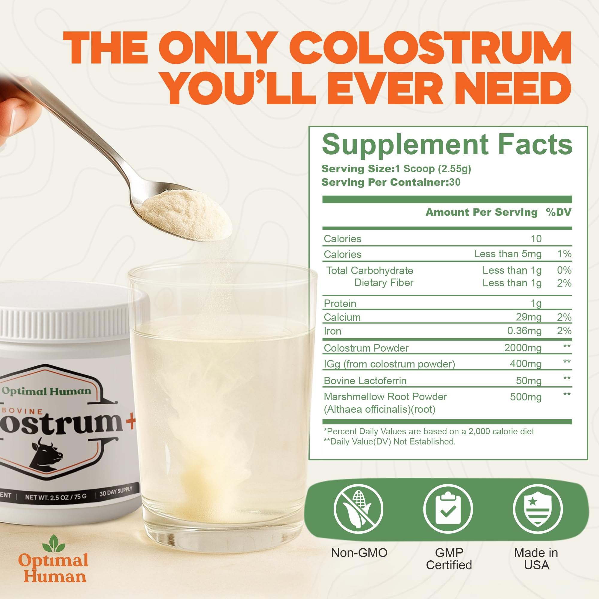 O H Optimal Human Bovine Colostrum Powder with Marshmallow Root – Gut & Immune Support Colostrum Supplement Capsules with IgG & Protein – Non-GMO, GMP Certified, Made in USA – Unflavored 30 Servings O H uk supplements
