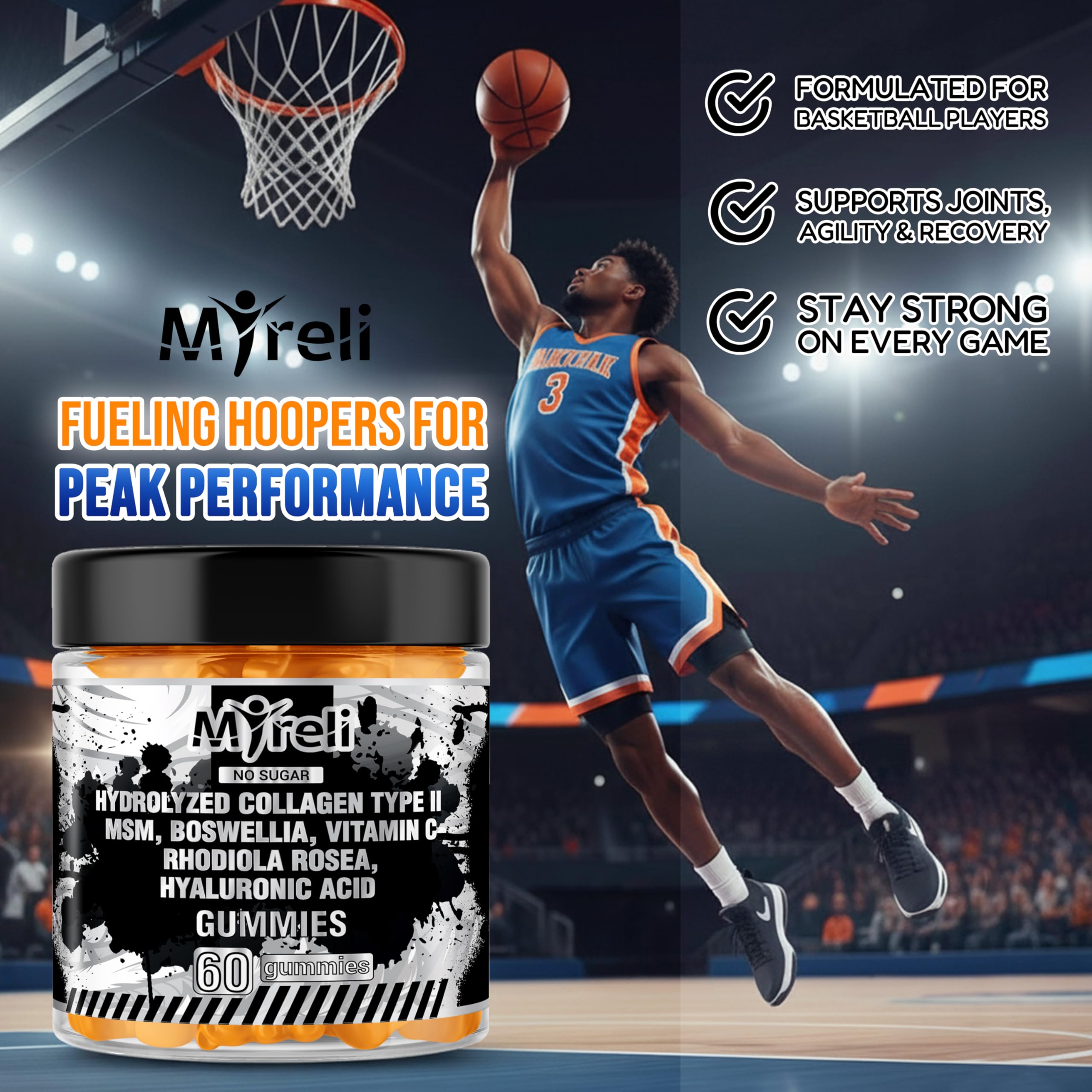 MYRELI Hydrolyzed Collagen Type II 500mg, MSM 700mg, Boswellia 200mg, Vitamin C 400mg, Rhodiola 100mg, Hyaluronic Acid 100mg, Joint Mobility, Flexibility, Basketball Athletes, Vegan, Non GMO, 60 Gummy MYRELI uk supplements