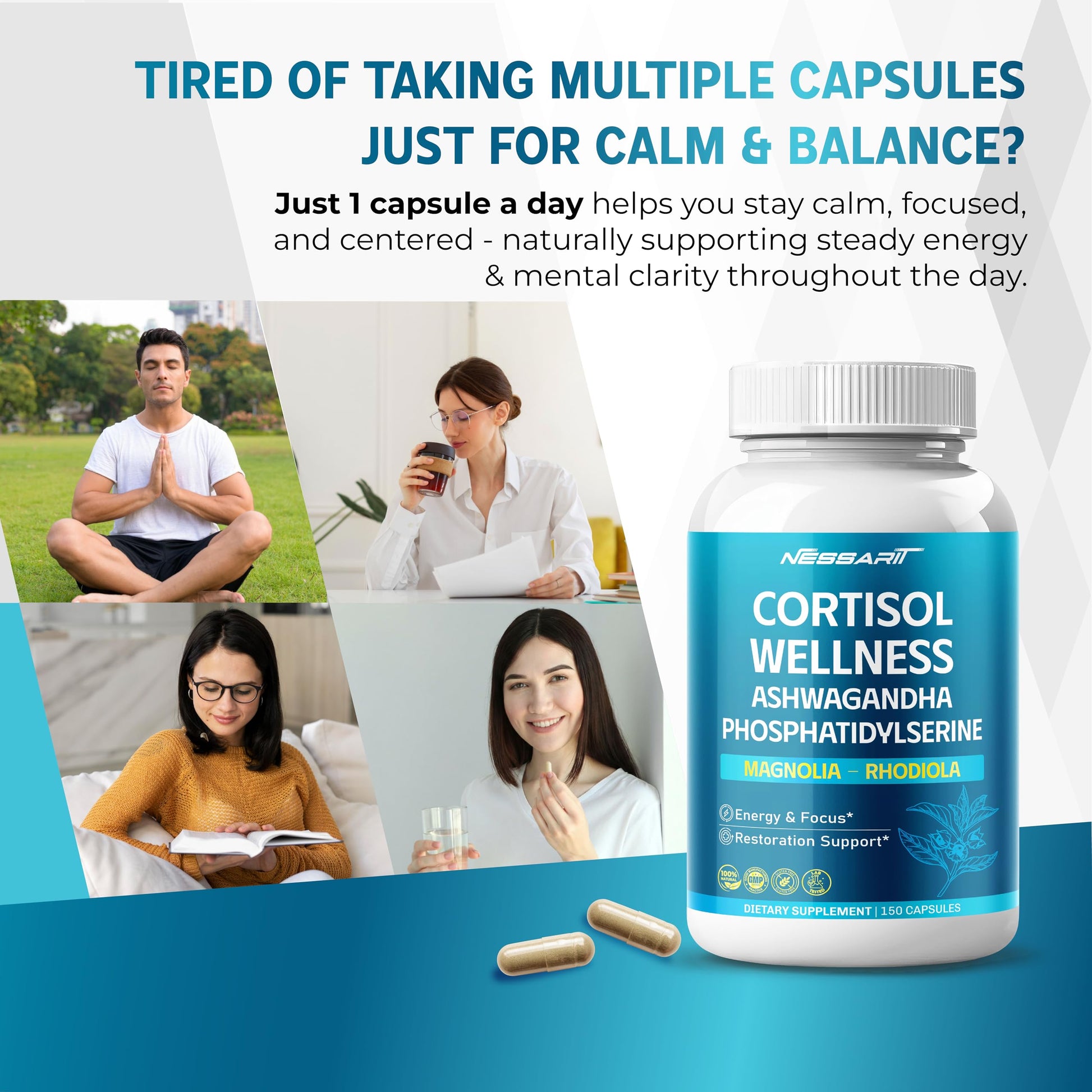 CORTISOL Wellness Ashwagandha 14-in-1 Natural Blend with Phosphatidylserine Magnolia Rhodiola St. John's Wort Peppermint Bacopa - 150 Count NESSARIT uk supplements
