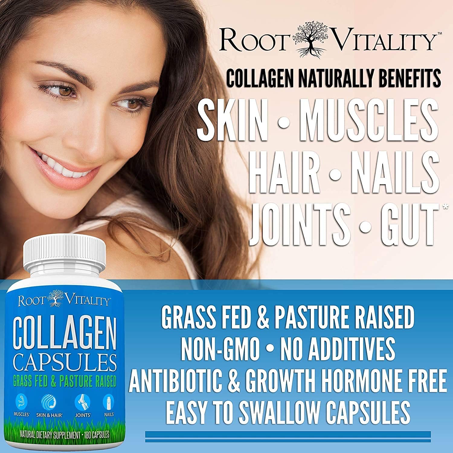 Root Vitality Collagen Peptides Capsules - Grass-Fed, Pasture-Raised Hydrolyzed Protein Supplement for Skin, Hair, & Nails - Non-GMO, Zero Sugar Daily Pills for Men & Women (180 Capsules) Root Vitality uk supplements
