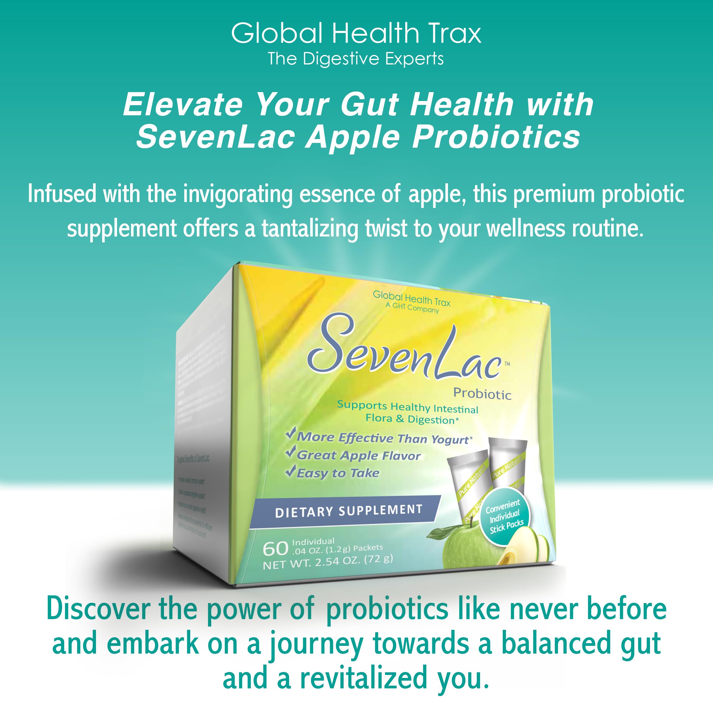 Global Health Trax SevenLac Apple Probiotic Powder Drink Mix, Probiotics for Women, Men, and Kids – Smooth Digestive Support - Relieves Constipation and Gas – 60 Packets, 2.54 Oz, Non-GMO, Gluten-Free ght Global Health Trax uk supplements