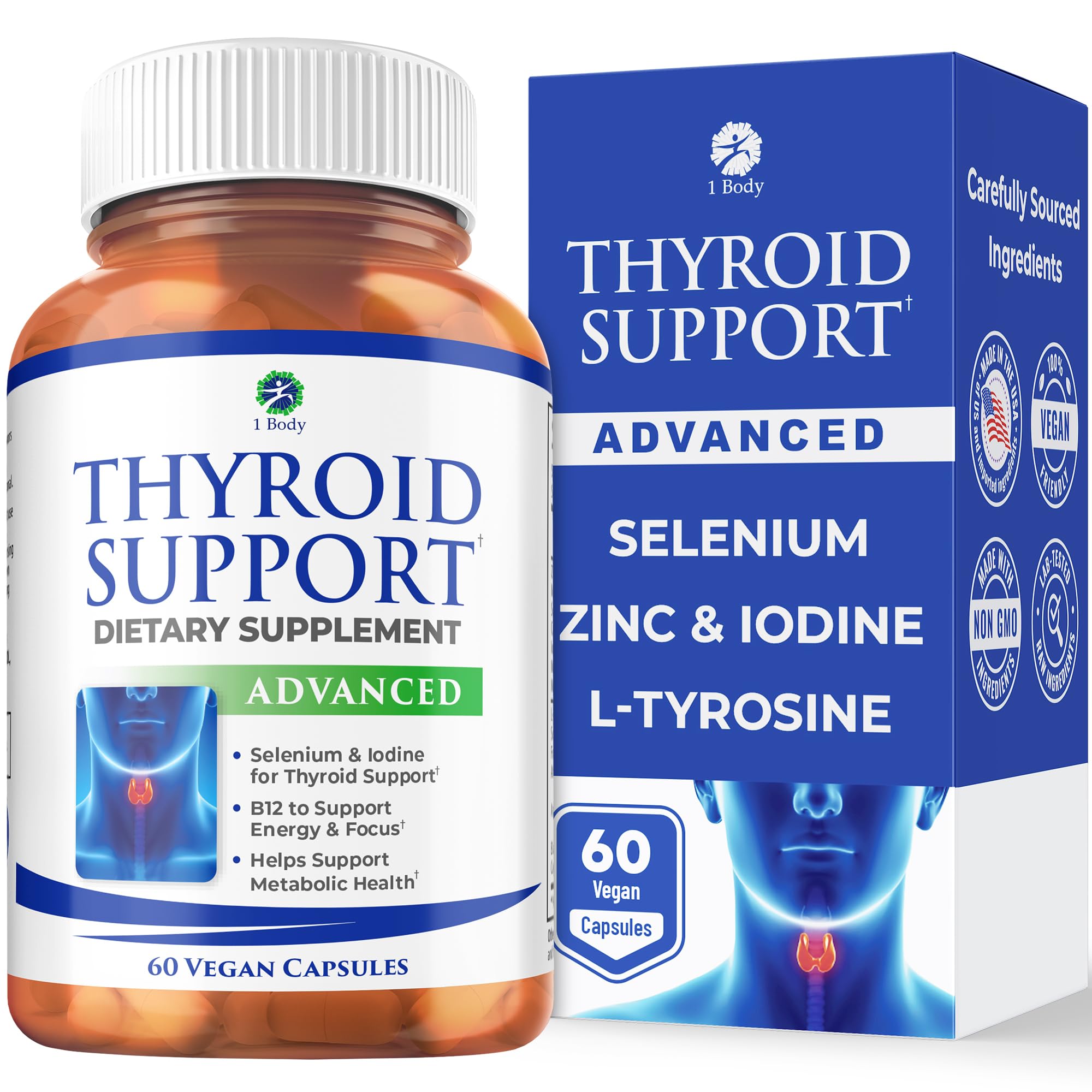 1 Body Thyroid Support Supplement for Women and Men, Selenium with Iodine, Zinc, B12, Ashwagandha and L-Tyrosine, Supports Hormone Health, Energy and Metabolism, 30 Day Supply 1 Body uk supplements