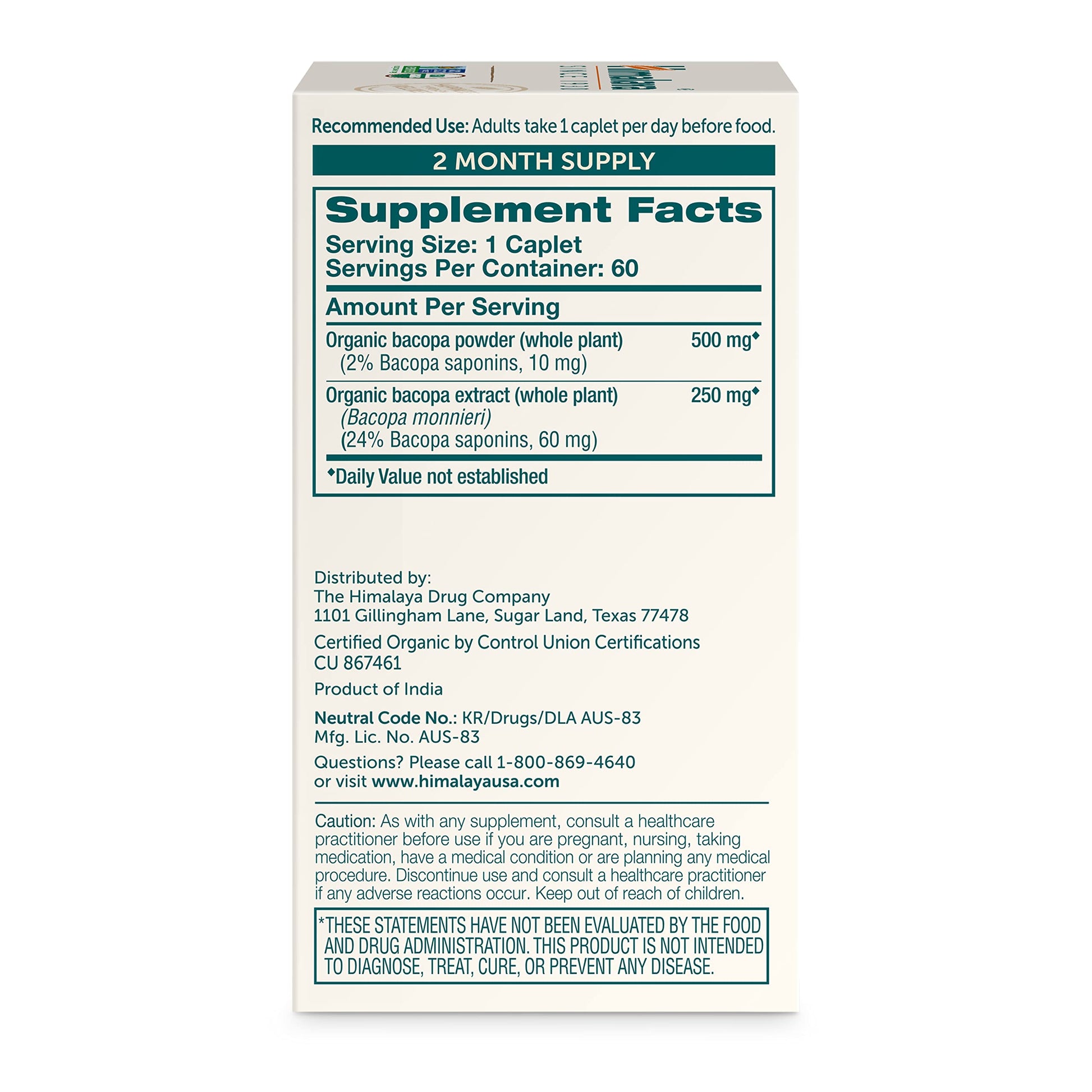 Himalaya Bacopa Monnieri Nootropic Herbal Supplement, Supports Calm, Memory, Cognition, USDA Certified Organic, Non-GMO, 750 mg, 60 Plant-Based Caplets, 60 Day Supply Himalaya uk supplements