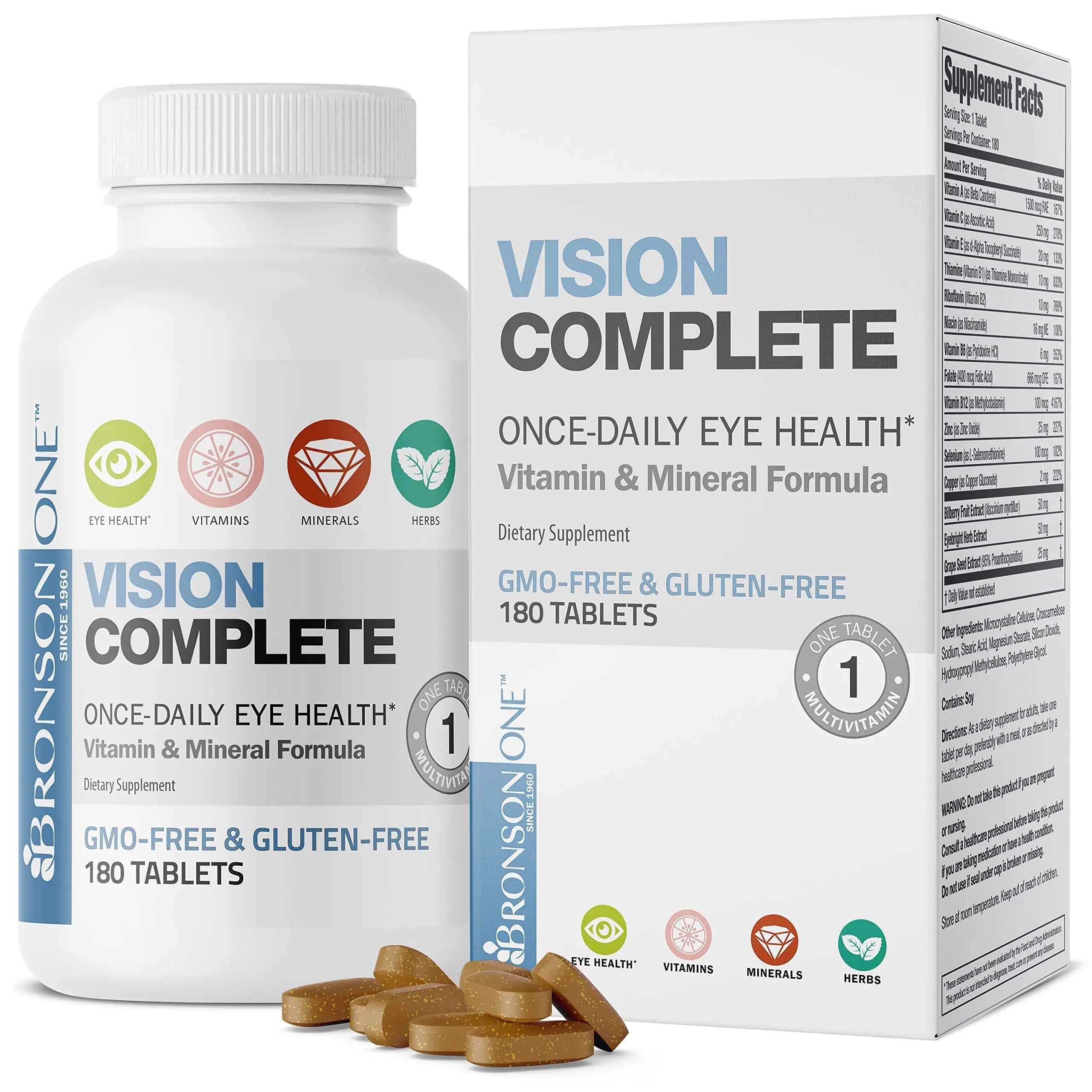 Bronson ONE Daily Vision Complete Eye Health Support Multivitamin Multimineral Supplement Formula, 180 Tablets Bronson uk supplements