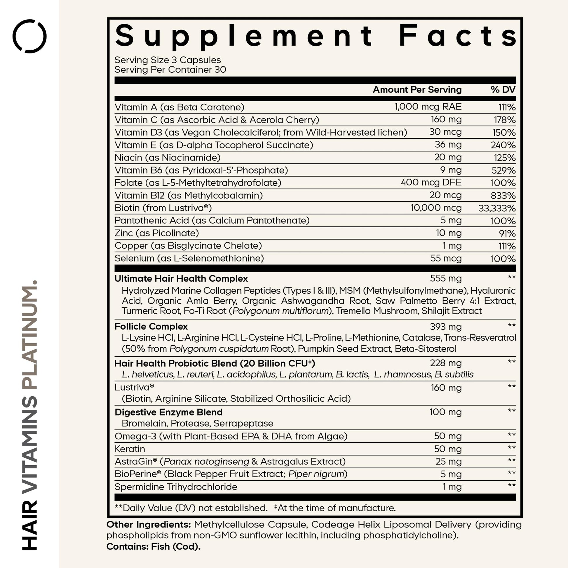 Codeage Hair Vitamins Platinum - Lustriva Hair Growth Support, Spermidine, AstraGin, Biotin, Keratin, Collagen, Enzymes, Omega-3, Multivitamins, Probiotics – Healthy Hair Supplement - 90 Capsules Codeage uk supplements