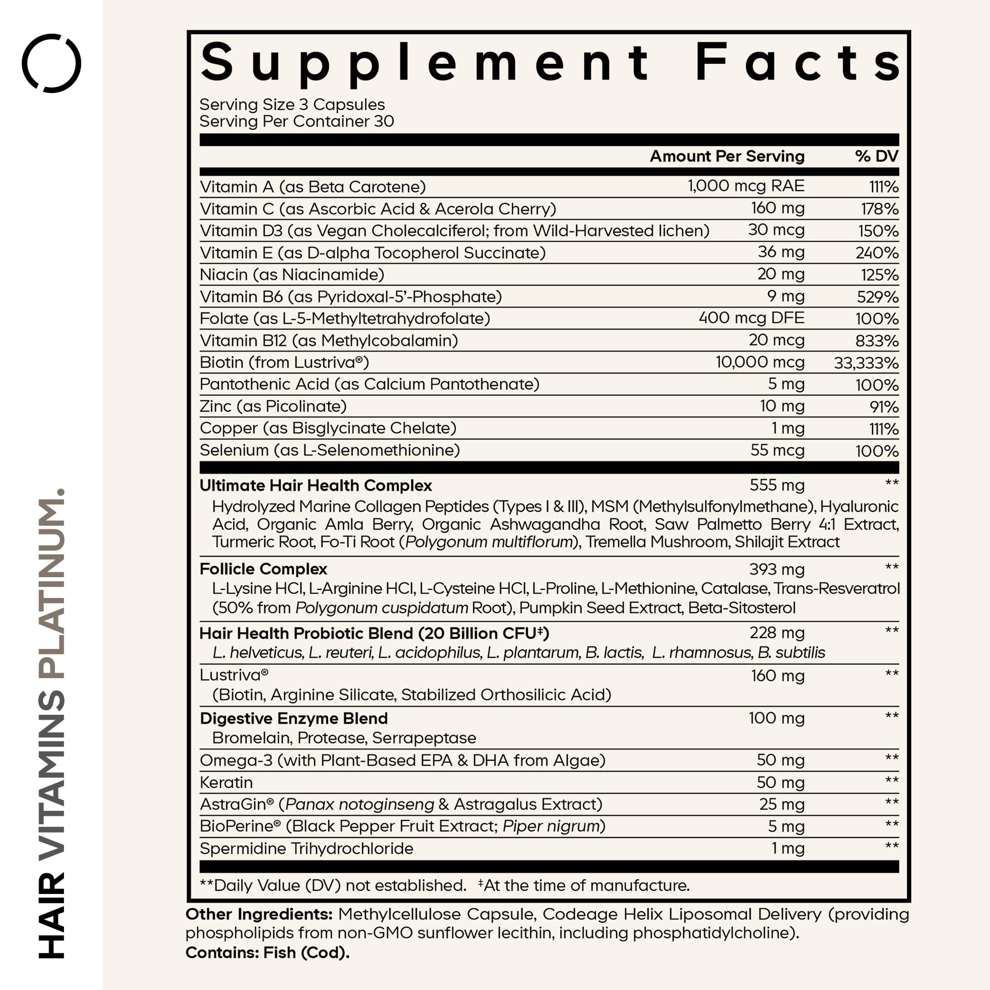 Codeage Hair Vitamins Platinum - Lustriva Hair Growth Support, Spermidine, AstraGin, Biotin, Keratin, Collagen, Enzymes, Omega-3, Multivitamins, Probiotics – Healthy Hair Supplement - 90 Capsules Codeage uk supplements