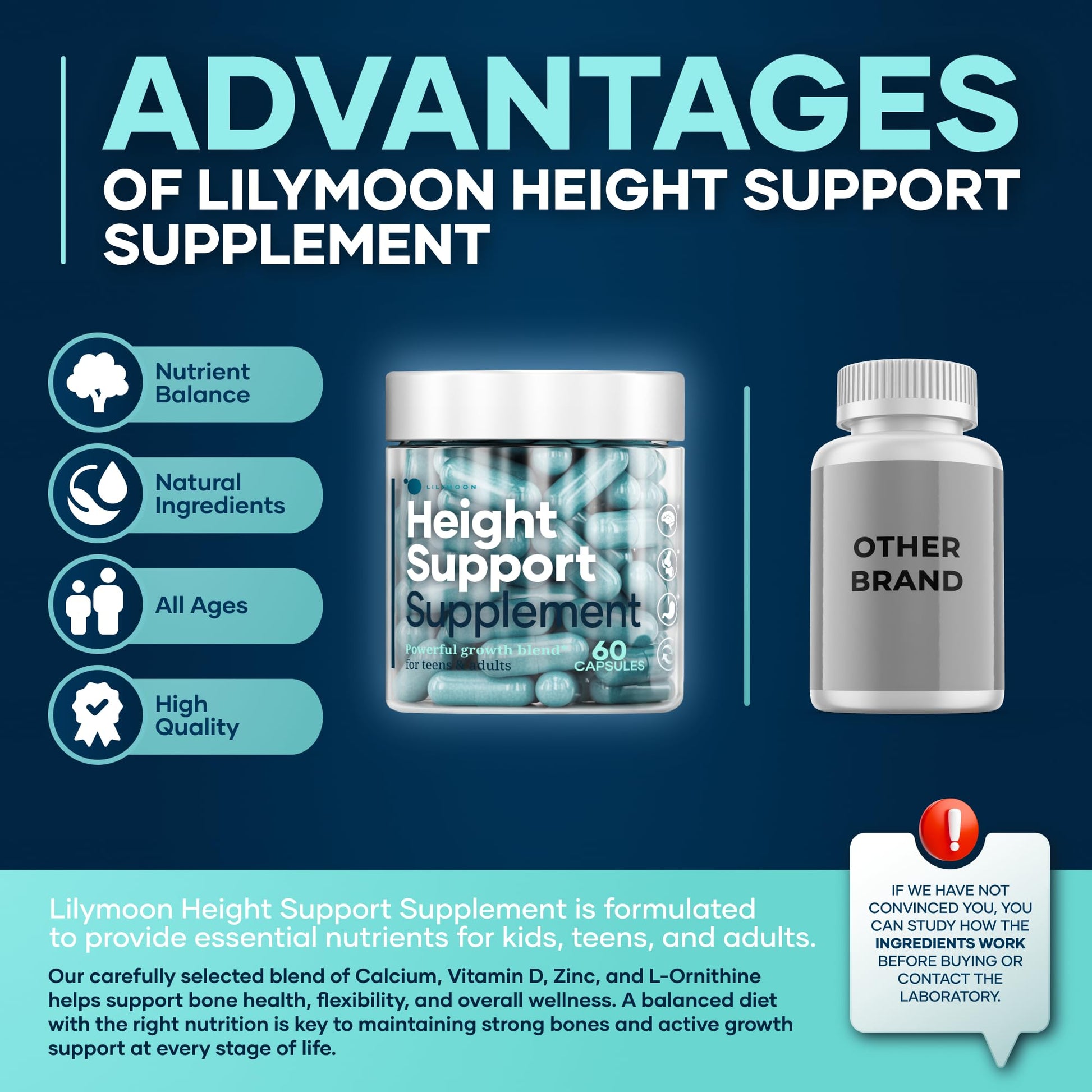 Height & Bone Support Supplement - Premium Height Growth Supplement for Kids & Teens with Calcium - Nutritional Support Bone Health Formula - Height Increase Essential Vitamins - 60 Caps LM LILYNUTRAMOON uk supplements