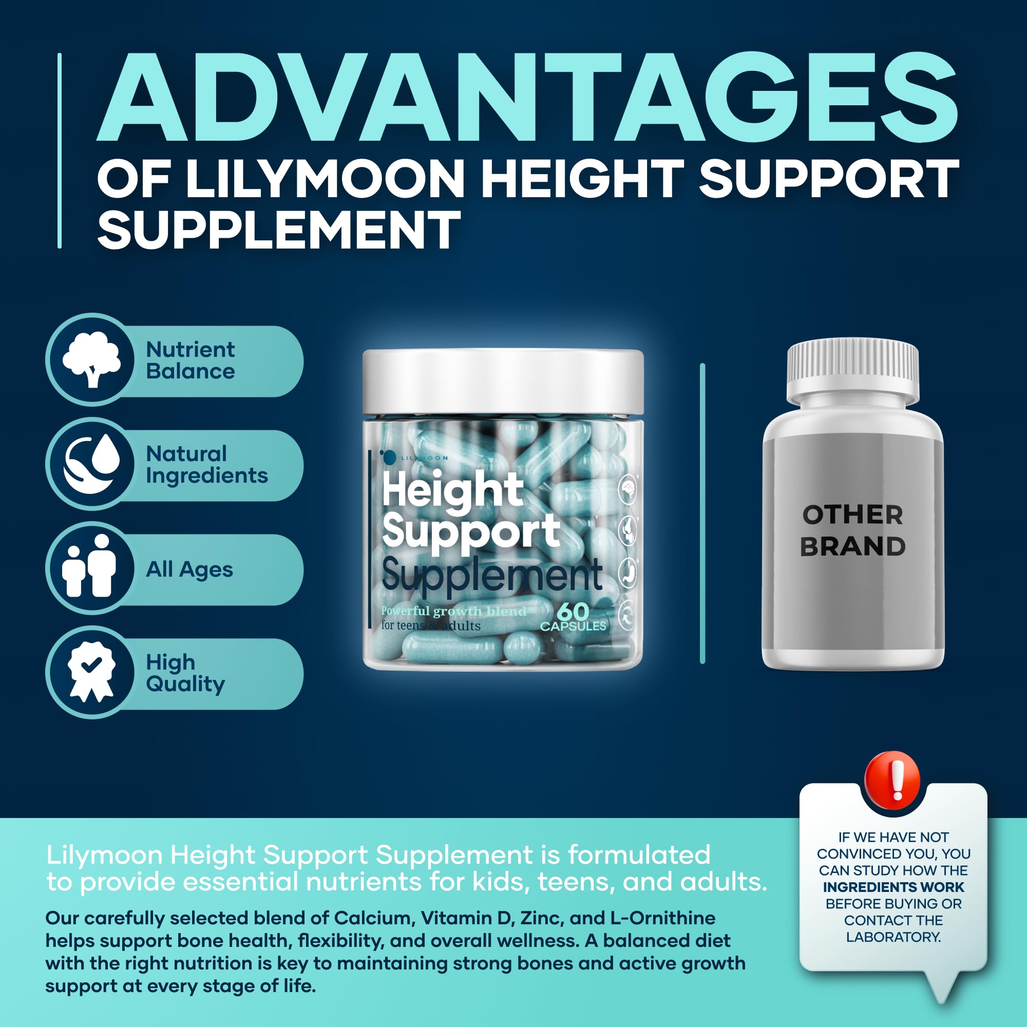 Height & Bone Support Supplement - Premium Height Growth Supplement for Kids & Teens with Calcium - Nutritional Support Bone Health Formula - Height Increase Essential Vitamins - 60 Caps LM LILYNUTRAMOON uk supplements