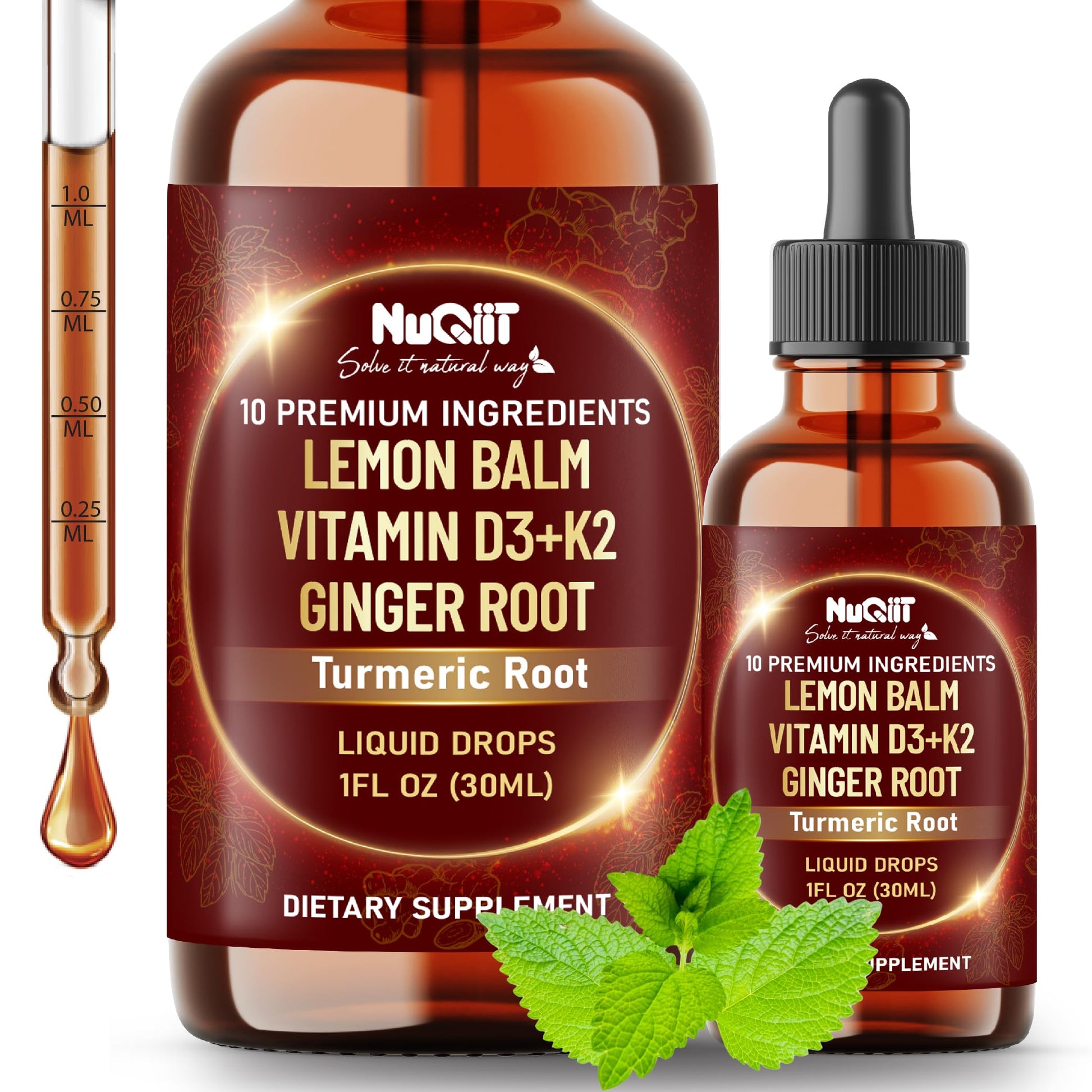 NUQIIT 10in1 Lemon Balm Tincture Blend Includes Vitamin D3, Vitamin K2, Lemon Balm, Ginger, Turmeric, Ceylon Cinnamon and More - 1 FL Oz - 60 Day Supply NUQIIT uk supplements