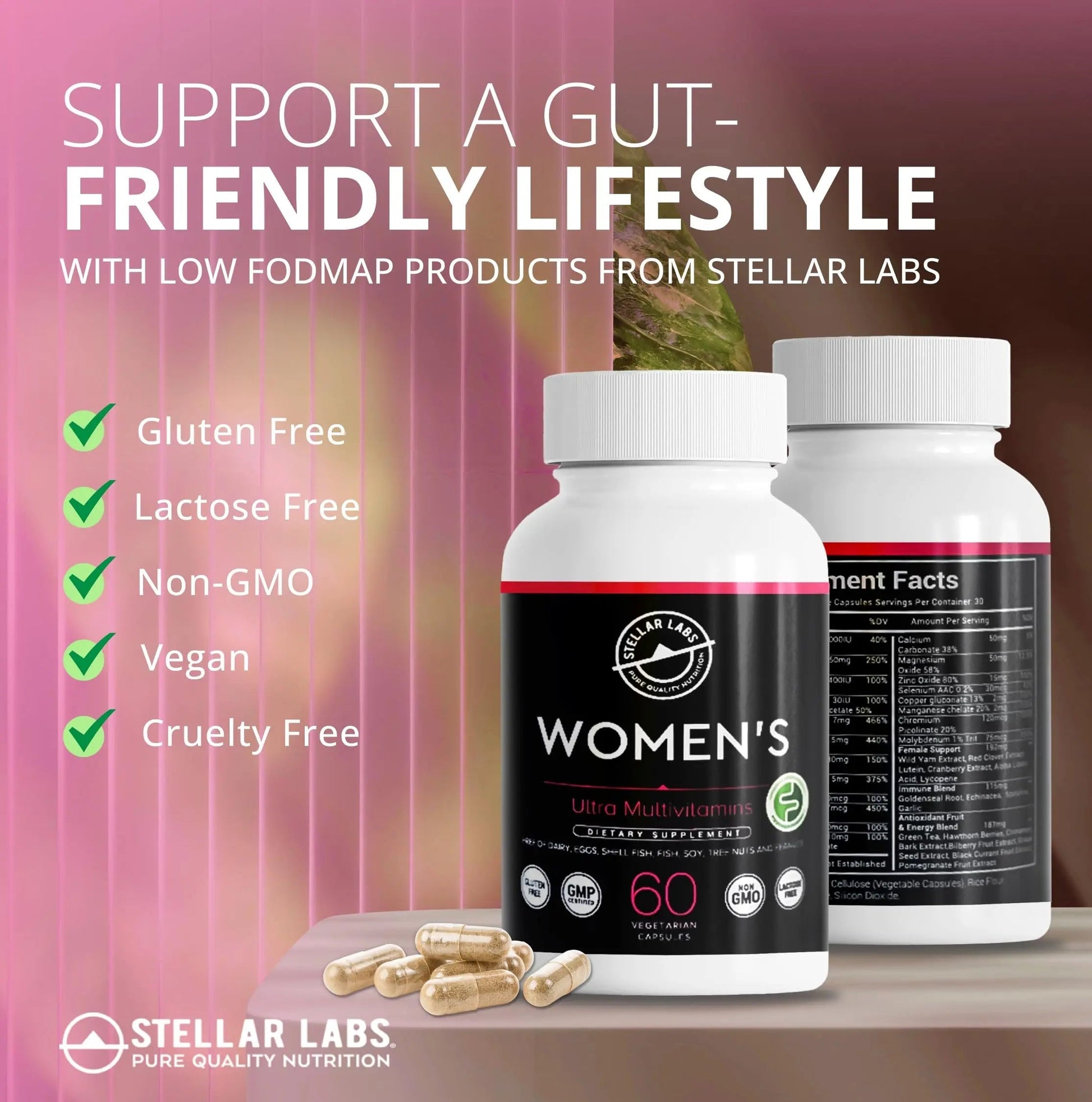 Stellar Labs Low FODMAP Vegan Women's Ultra Multi-Vitamin | Easy to Digest Daily Multivitamin Without Iron | Low Energy Supplement, Female Support | Stellar Labs uk supplements