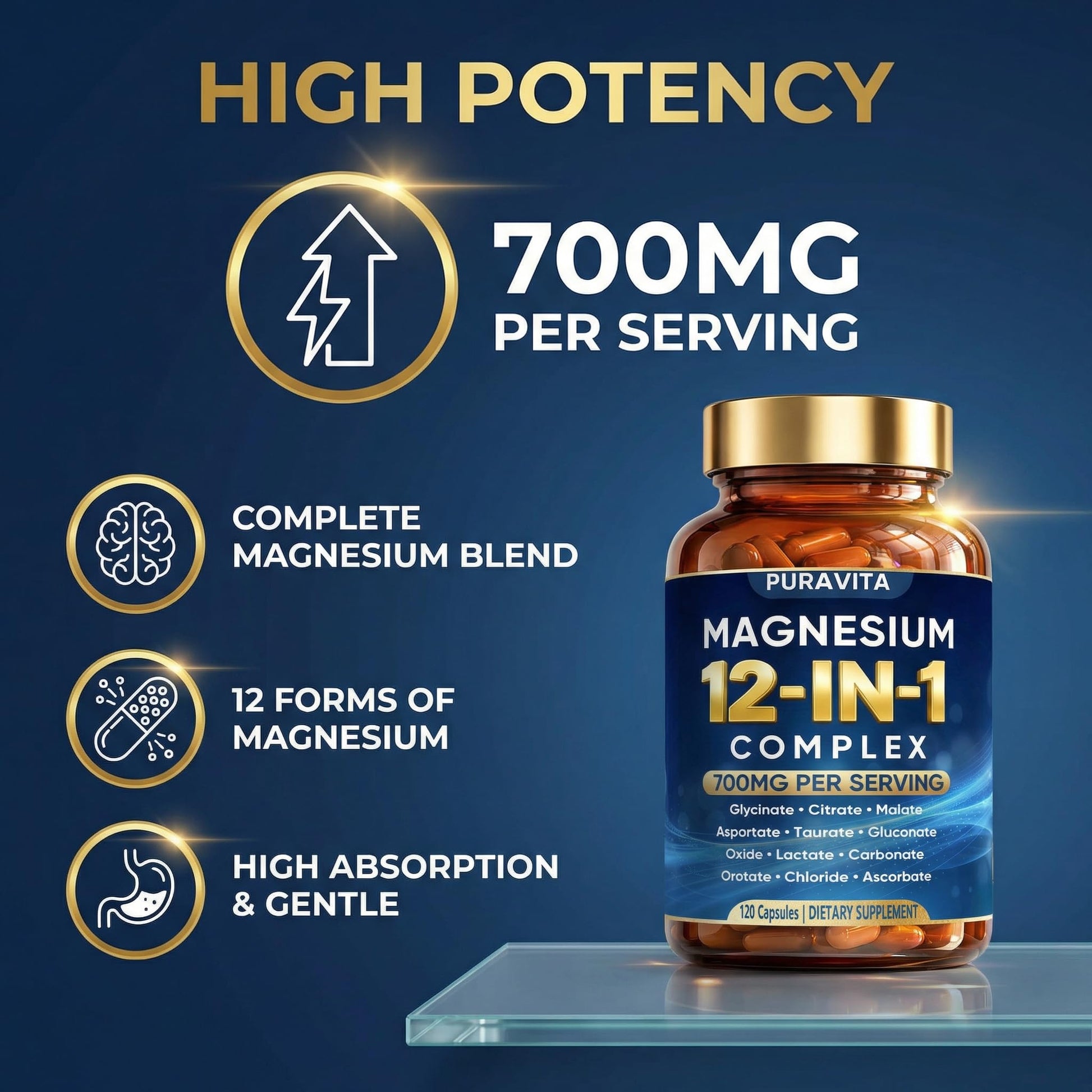 Puravita 12 in 1 Magnesium Complex Capsules - 700mg High Absorption Blend with Glycinate, Citrate, Malate, Oxide & Taurate. Supports Muscle Function, Nerve Health & Relaxation - 120 Capsules (1) PURAVITA uk supplements