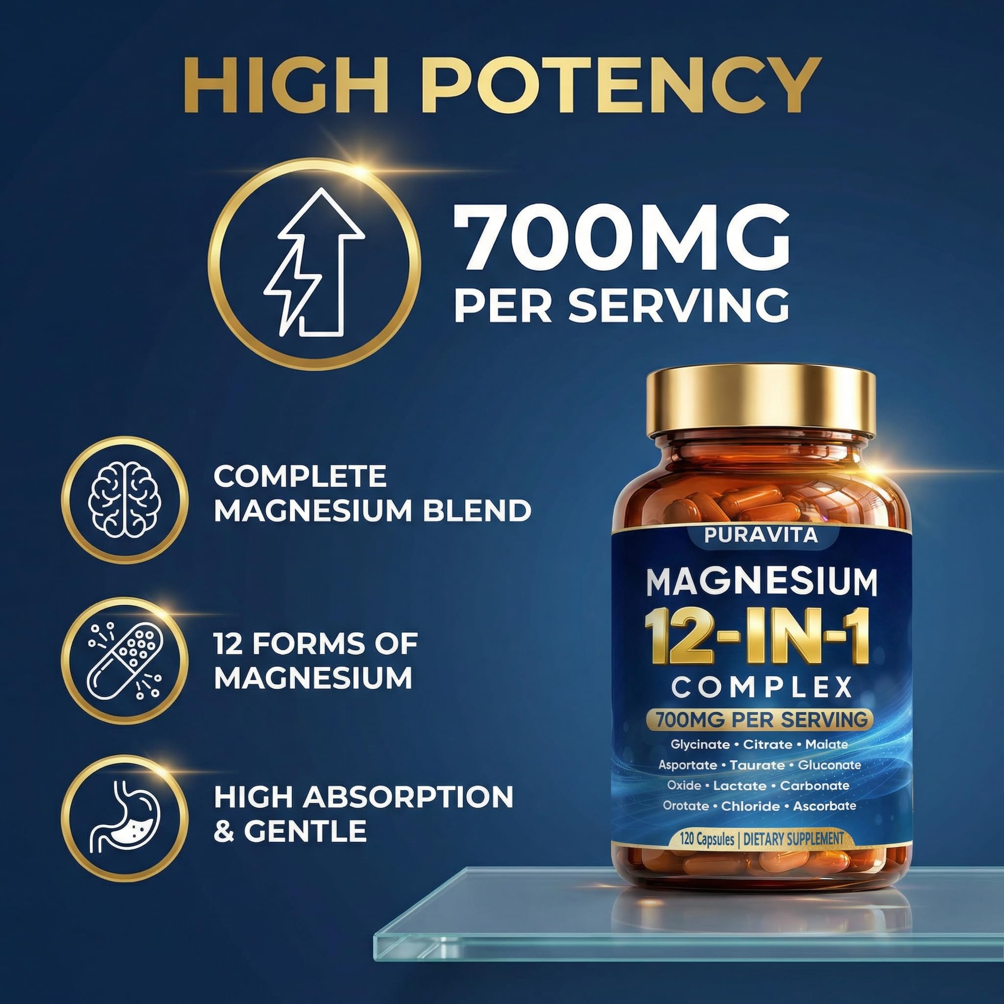 Puravita 12 in 1 Magnesium Complex Capsules - 700mg High Absorption Blend with Glycinate, Citrate, Malate, Oxide & Taurate. Supports Muscle Function, Nerve Health & Relaxation - 120 Capsules (1) PURAVITA uk supplements