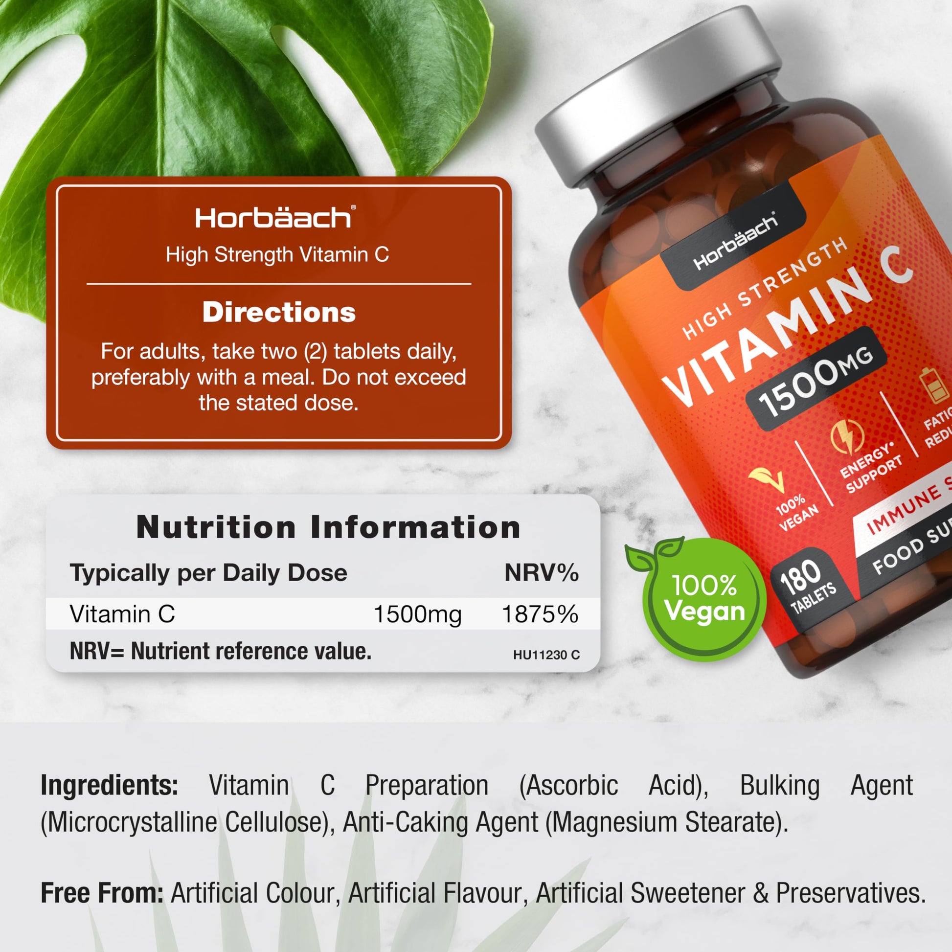 Vitamin C Tablets 1500mg | 180 Count | High Strength Vegan Supplement | No Artificial Horbäach uk supplements