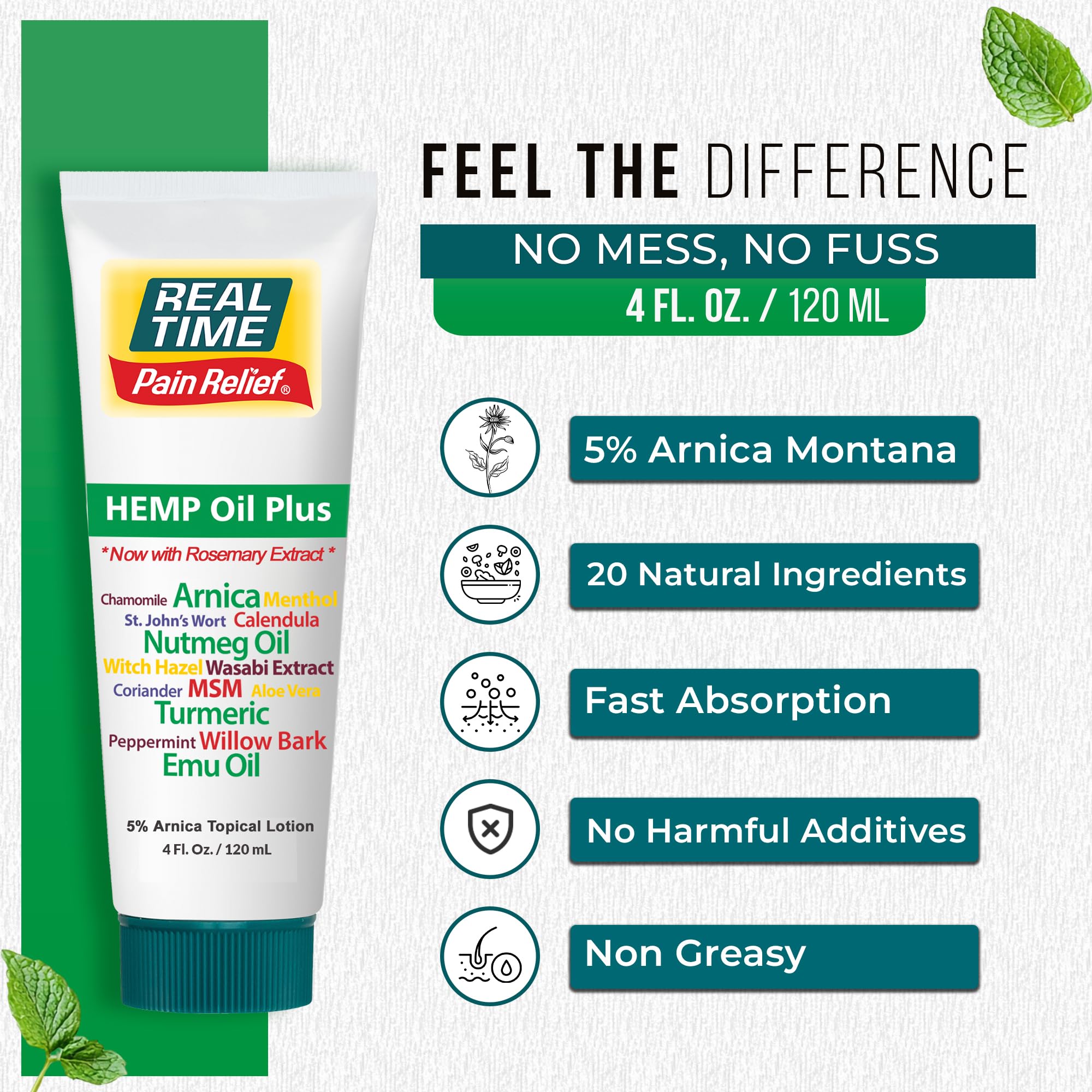 Real Time Pain Relief Hemp Oil Plus 4oz Tube | 20 Natural Ingredients: 5% Arnica & Turmeric | Fast Absorbing Lotion for Muscles, Hands, Feet, Ankles, Back, Shoulders, Knees & Joints Discomfort Real Time Pain Relief uk supplements