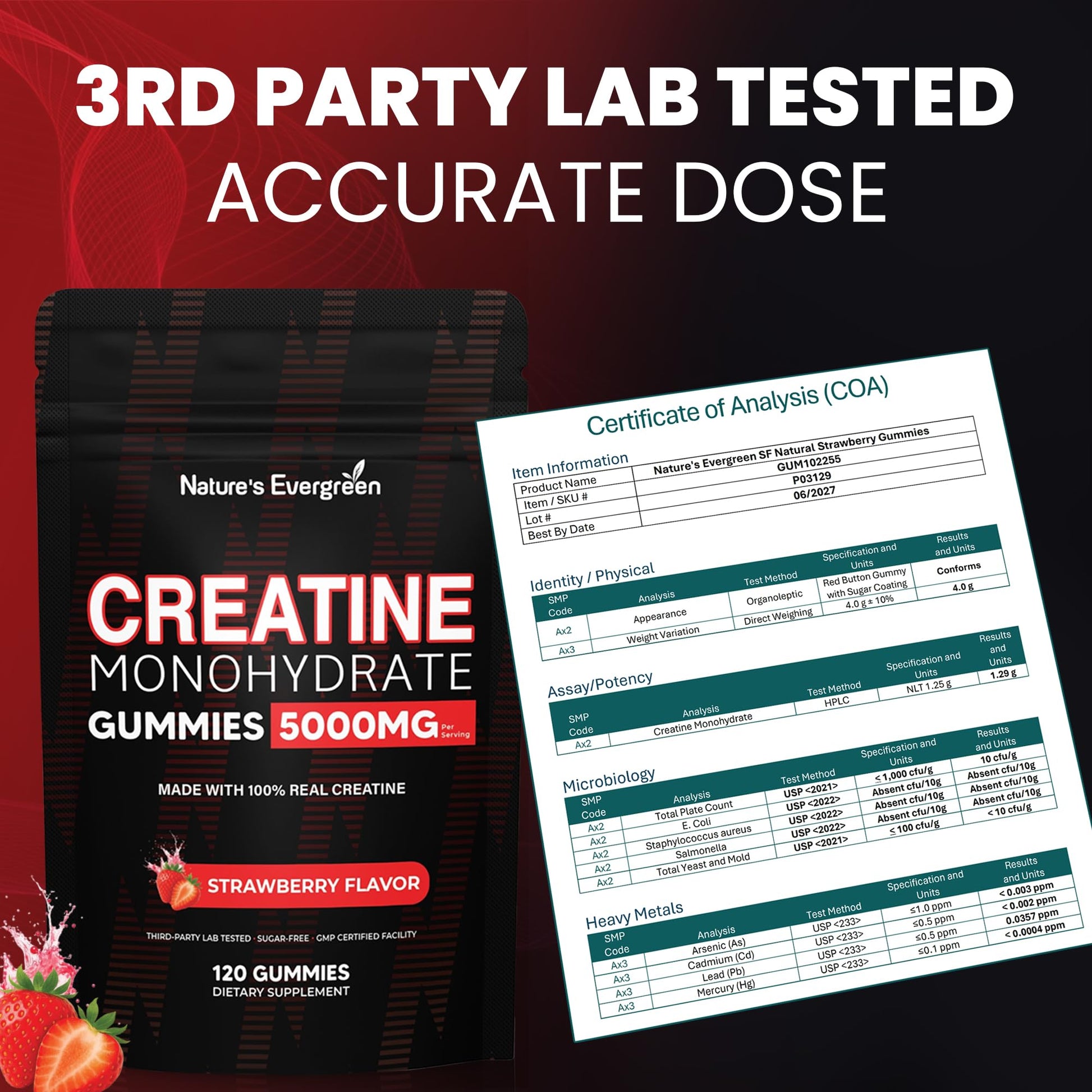Creatine Monohydrate 5000mg Gummies, Pre-Workout 5g Creatine Gummy Supplement for Men & Women: Muscle Builder & Energy Boost, Sugar Free, Vegan, Strawberry Flavor, (120 Count) Made in USA Nature's Evergreen uk supplements