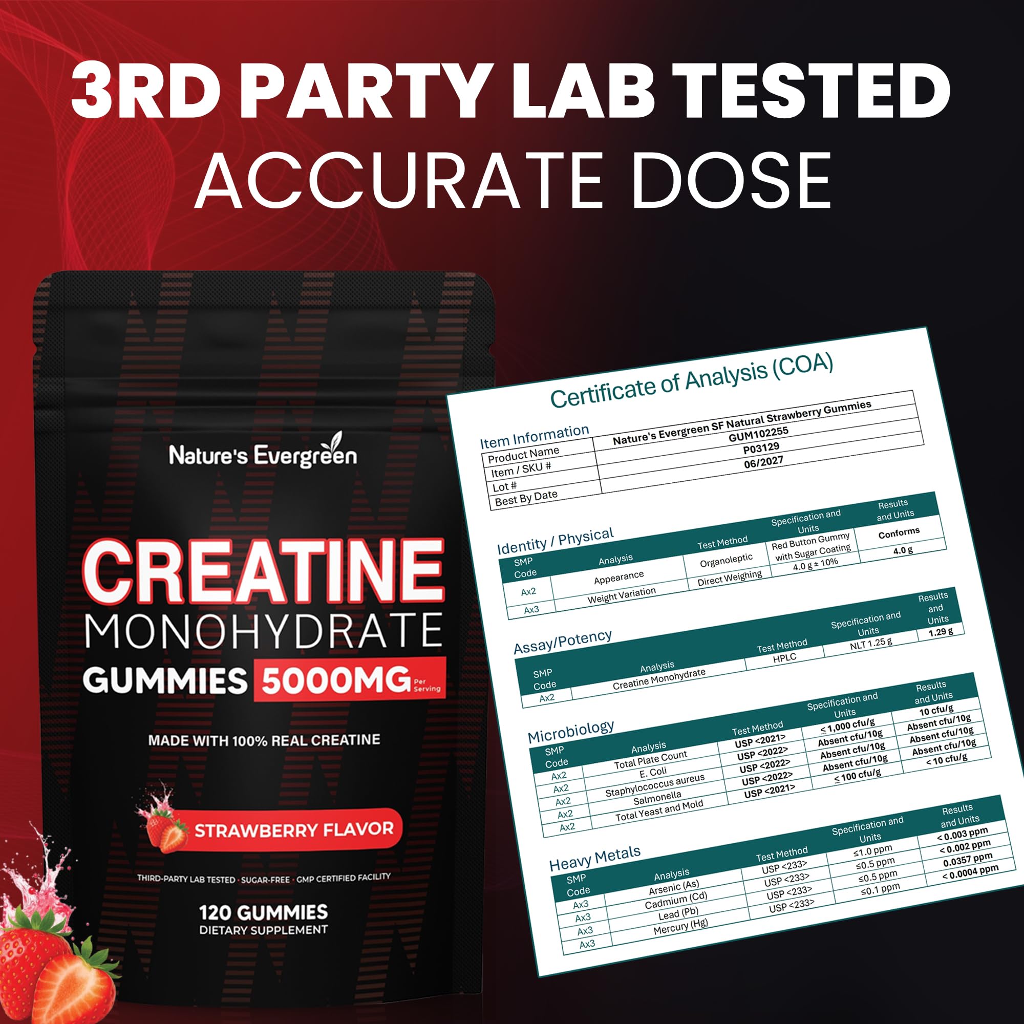 Creatine Monohydrate 5000mg Gummies, Pre-Workout 5g Creatine Gummy Supplement for Men & Women: Muscle Builder & Energy Boost, Sugar Free, Vegan, Strawberry Flavor, (120 Count) Made in USA Nature's Evergreen uk supplements