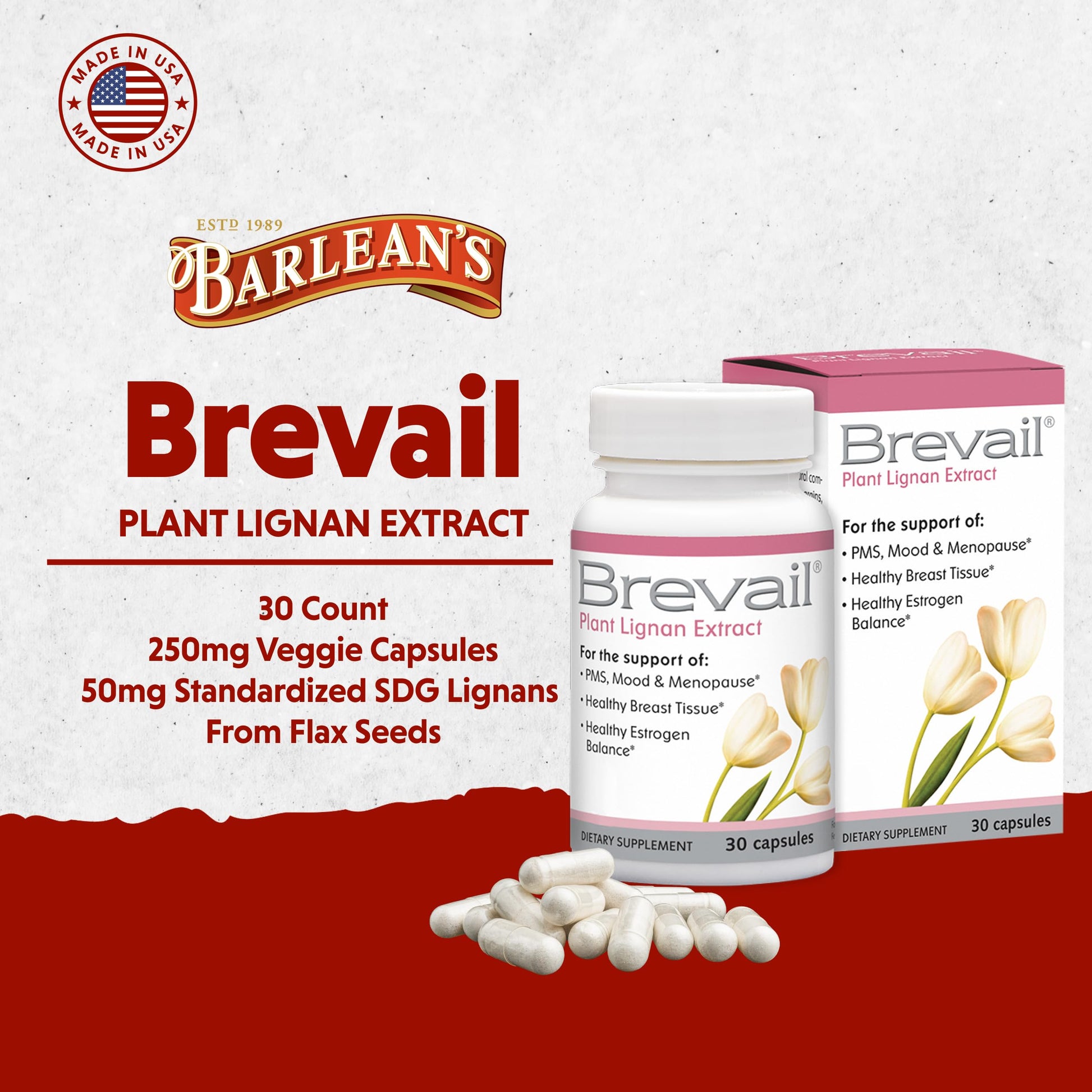 Brevail Plant Lignan Extract Capsules, Proactive Breast Health Supplement with 50 mg SDG Lignans from Flax Seed Hulls for Healthy Estrogen Balance and PMS Mood Support Pills, 30 Count Barlean's uk supplements