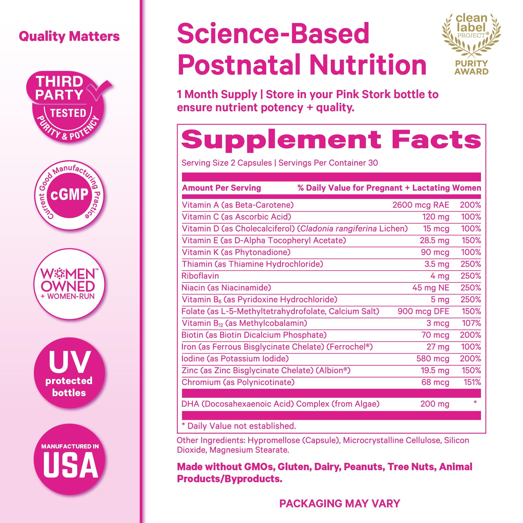 Pink Stork Total Postnatal Vitamins for Women | Vegan DHA, Iron, Folate, B12 | Postpartum Recovery Essentials | Lactation Support for Breastfeeding Moms | Third-Party Tested - 60 Capsules, Berry Pink Stork uk supplements