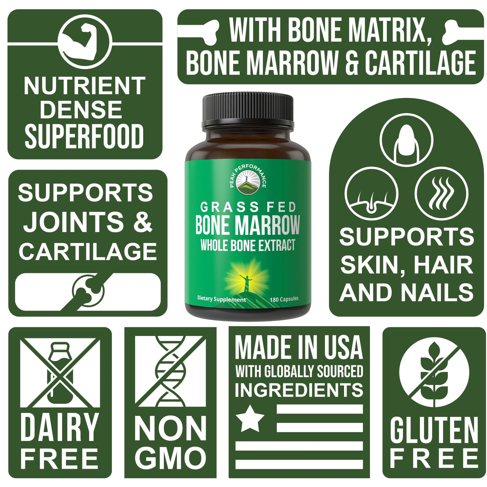 Peak Performance Grass Fed Bone Marrow - Whole Bone Extract Supplement 180 Capsules. Superfood Pills Rich in Collagen, Vitamins, and Amino Acids. from Matrix, Marrow, Cartilage. Ancestral Tablets Peak Performance uk supplements