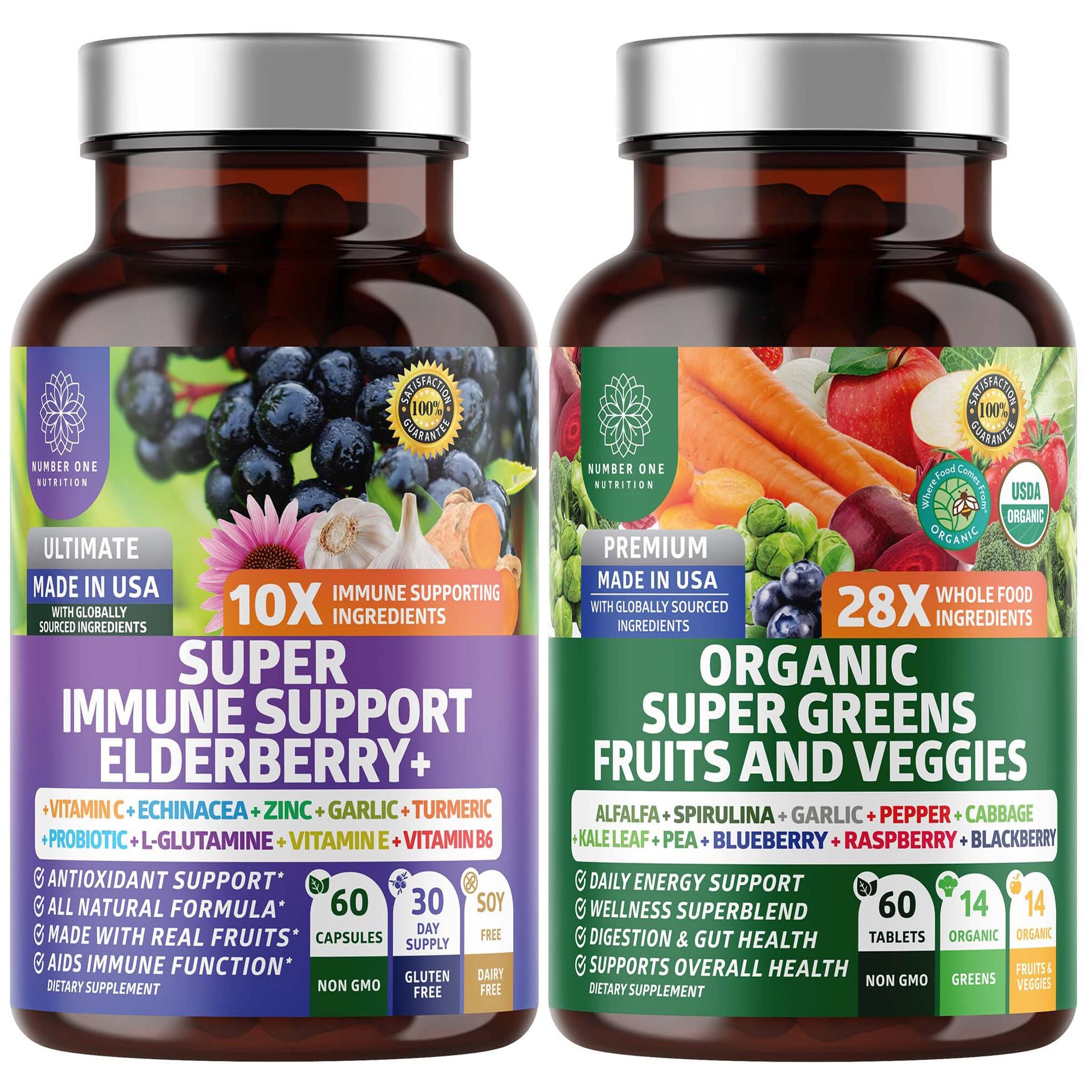N1N Premium Organic Super Fruits & Veggies + Immune Support [38 Powerful Ingredients], Natural Super Greens Supplement with Alfalfa, Vitamins & Minerals, Zinc, Turmeric and Probiotic, 120 Caps Number One Nutrition uk supplements