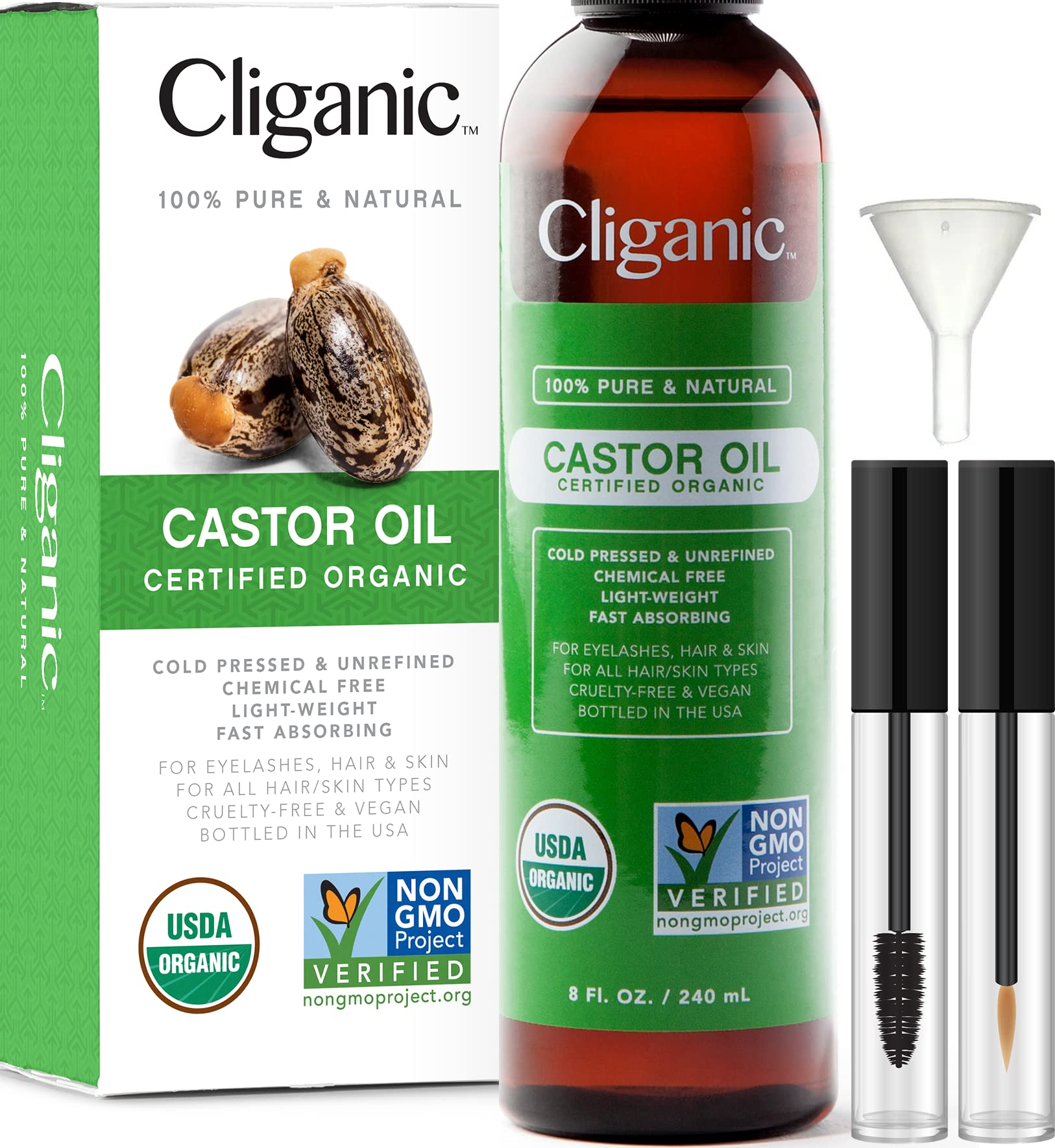 Cliganic USDA Organic Castor Oil, 100% Pure (8oz with Eyelash Kit) - For Eyelashes, Eyebrows, Hair & Skin Cliganic uk supplements