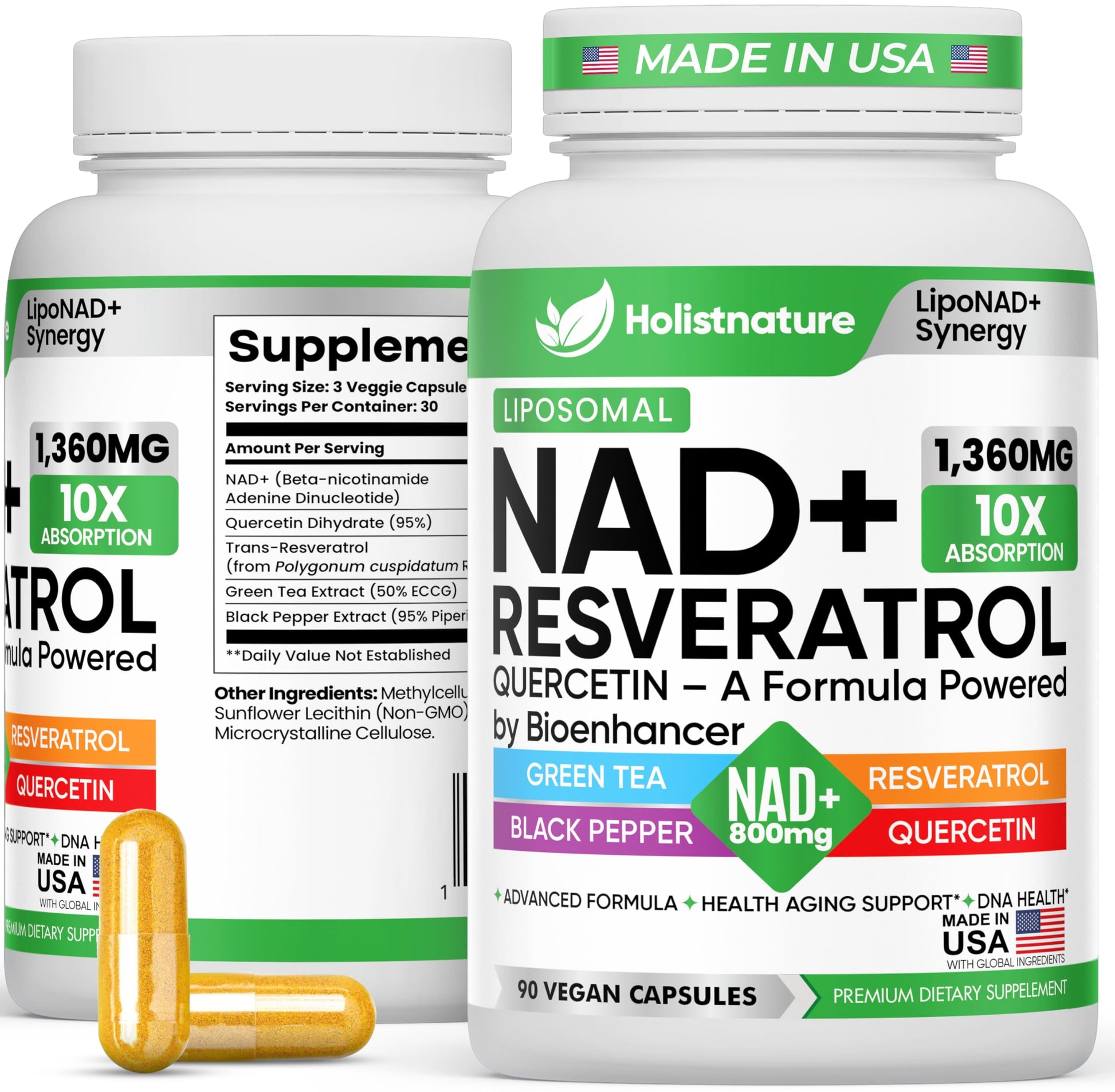 NAD+ Supplement, 1,360mg Max Strength Liposomal | Resveratrol, Quercetin, Green Tea | Cellular Energy & Healthy Aging for Men & Women | 800mg of 100% High Purity NAD+ for Energy, Focus - 90 Capsules Holistnature uk supplements