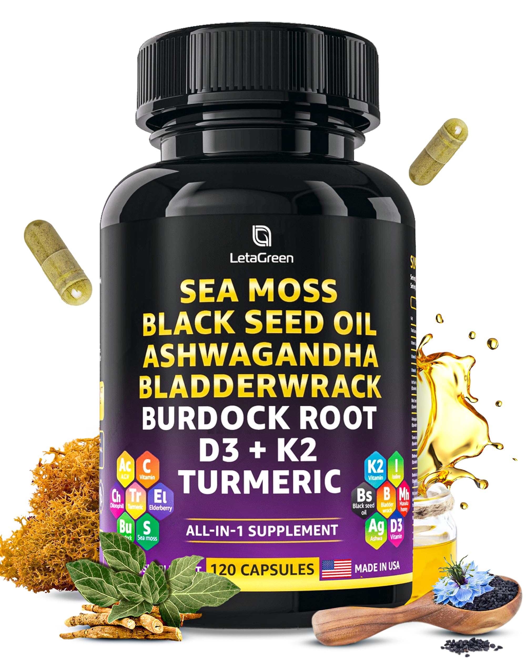 LetaGreen Ocean Wild Sea Moss Capsules - 120 Black Seed Oil Sea Moss Pills LetaGreen uk supplements