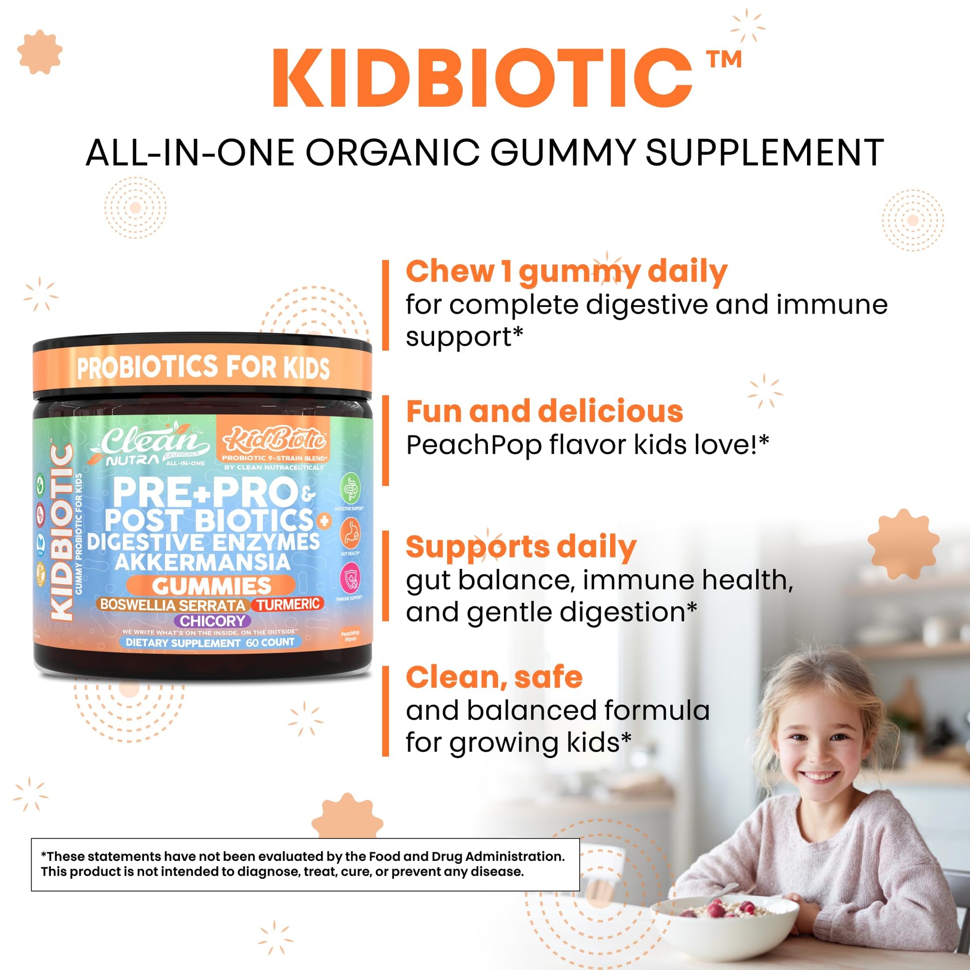 Clean Nutra Kids Probiotics Gummies with Prebiotics, Postbiotics, Digestive Enzymes, Akkermansia, Boswellia Serrata, Turmeric, Chicory – 60 Count – Plant-Based Supplement for Kids – PeachPop Flavor Clean Nutraceuticals uk supplements