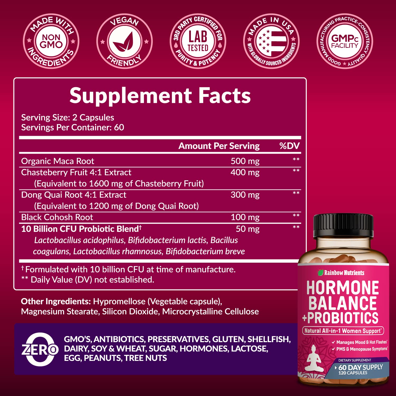 Hormone Balance + Probiotics for Women- Natural Menopause Relief, Weight Management, Bloating, Hot Flashes, PMS | Organic Maca, Chasteberry, Dong Quai & Black Cohosh | Non GMO |120 V Capsules Rainbow Nutrients, LLC uk supplements