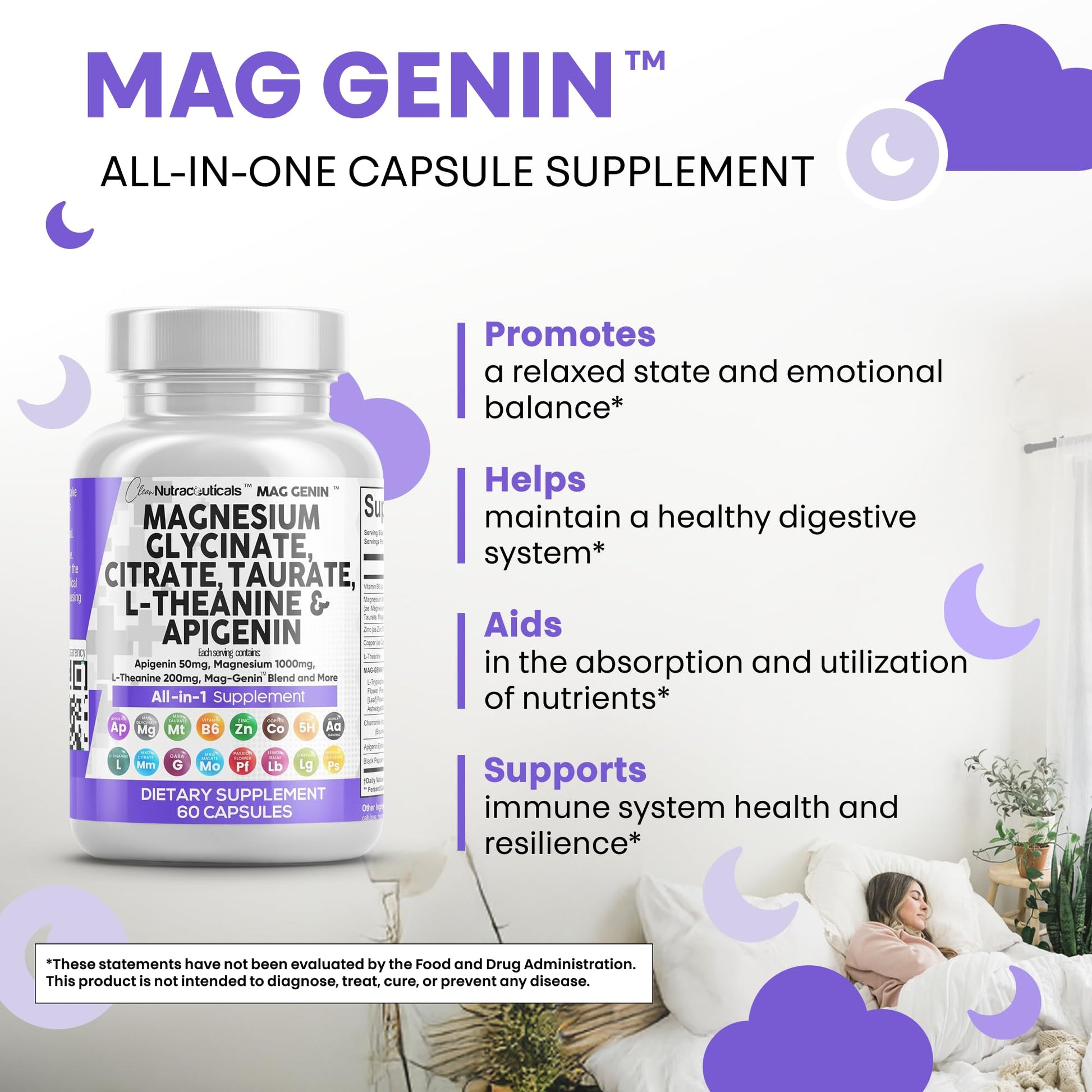 Clean Nutraceuticals Magnesium Glycinate Complex 1000mg with L-Theanine 200mg Apigenin 50mg Citrate Taurate Supplement - 5-HTP GABA Passion Flower Lemon Balm L-Glycine Phosphatidylserine - 60 Count Clean Nutraceuticals uk supplements
