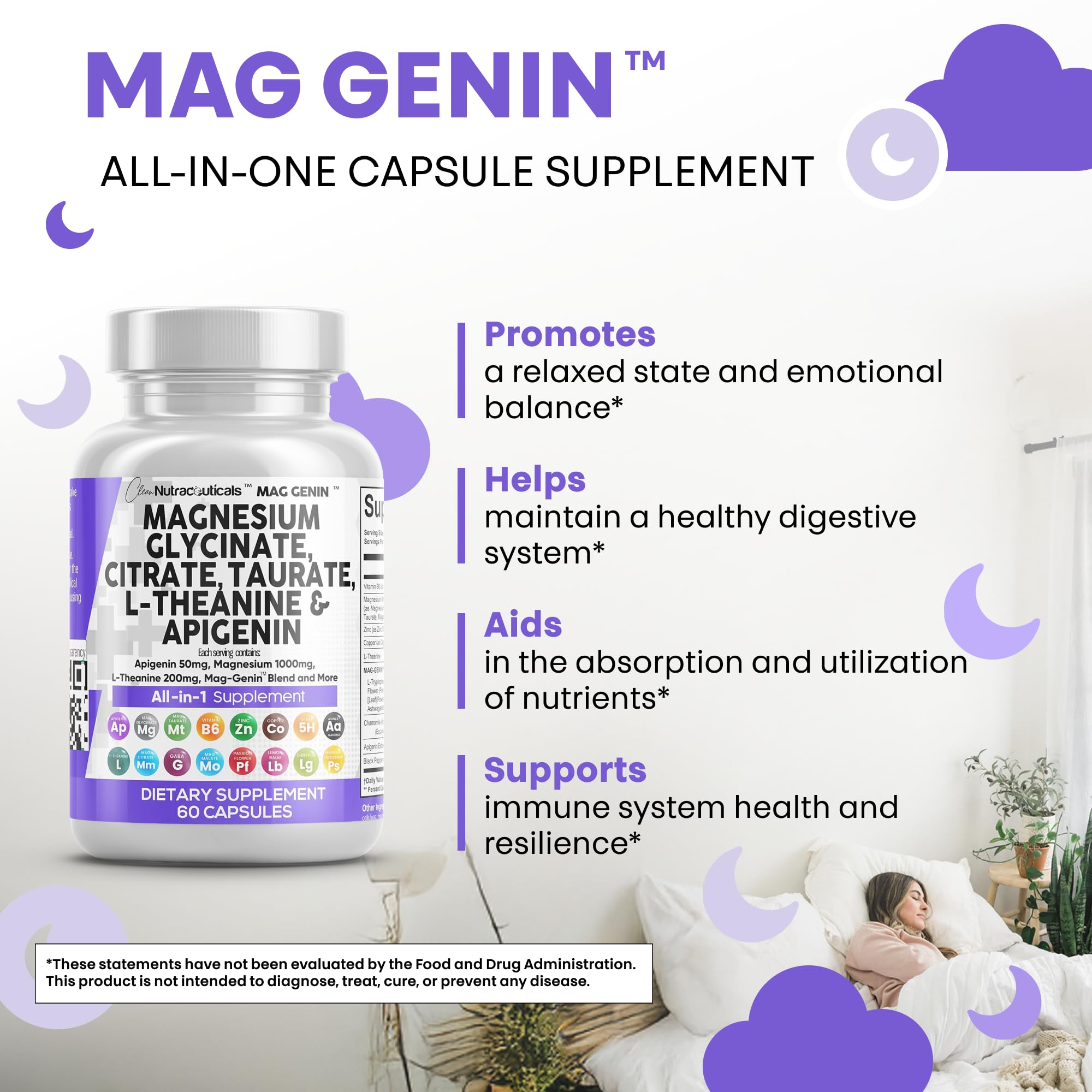 Clean Nutraceuticals Magnesium Glycinate Complex 1000mg with L-Theanine 200mg Apigenin 50mg Citrate Taurate Supplement - 5-HTP GABA Passion Flower Lemon Balm L-Glycine Phosphatidylserine - 60 Count Clean Nutraceuticals uk supplements
