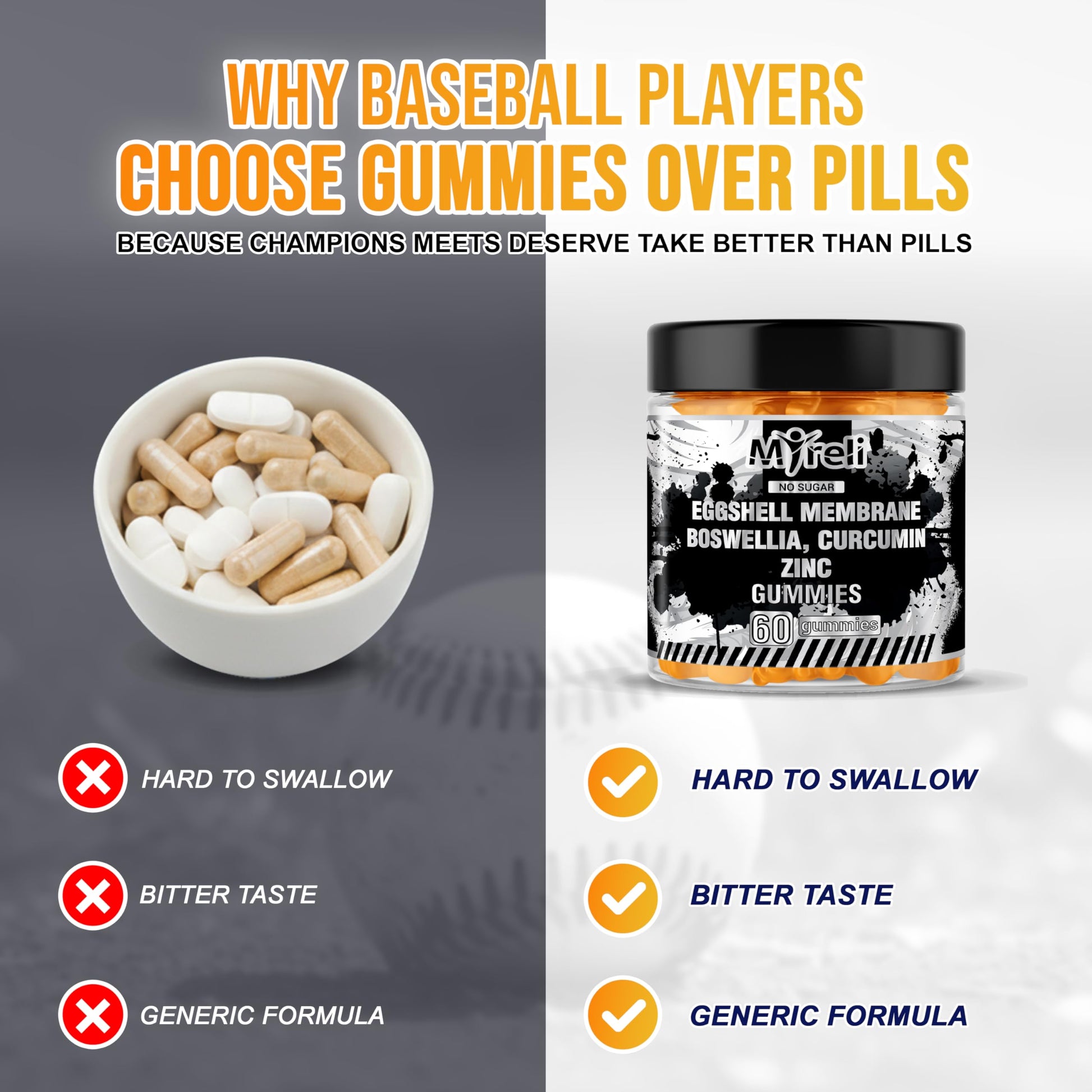 MYRELI Eggshell Membrane 400mg, Boswellia 300mg, Curcumin 250mg & Zinc 20mg Gummies - Baseball Athlete Joint Support, Flexibility, Recovery, Antioxidant, Energy, Endurance - Vegan, Non-GMO, 60 Gummies MYRELI uk supplements