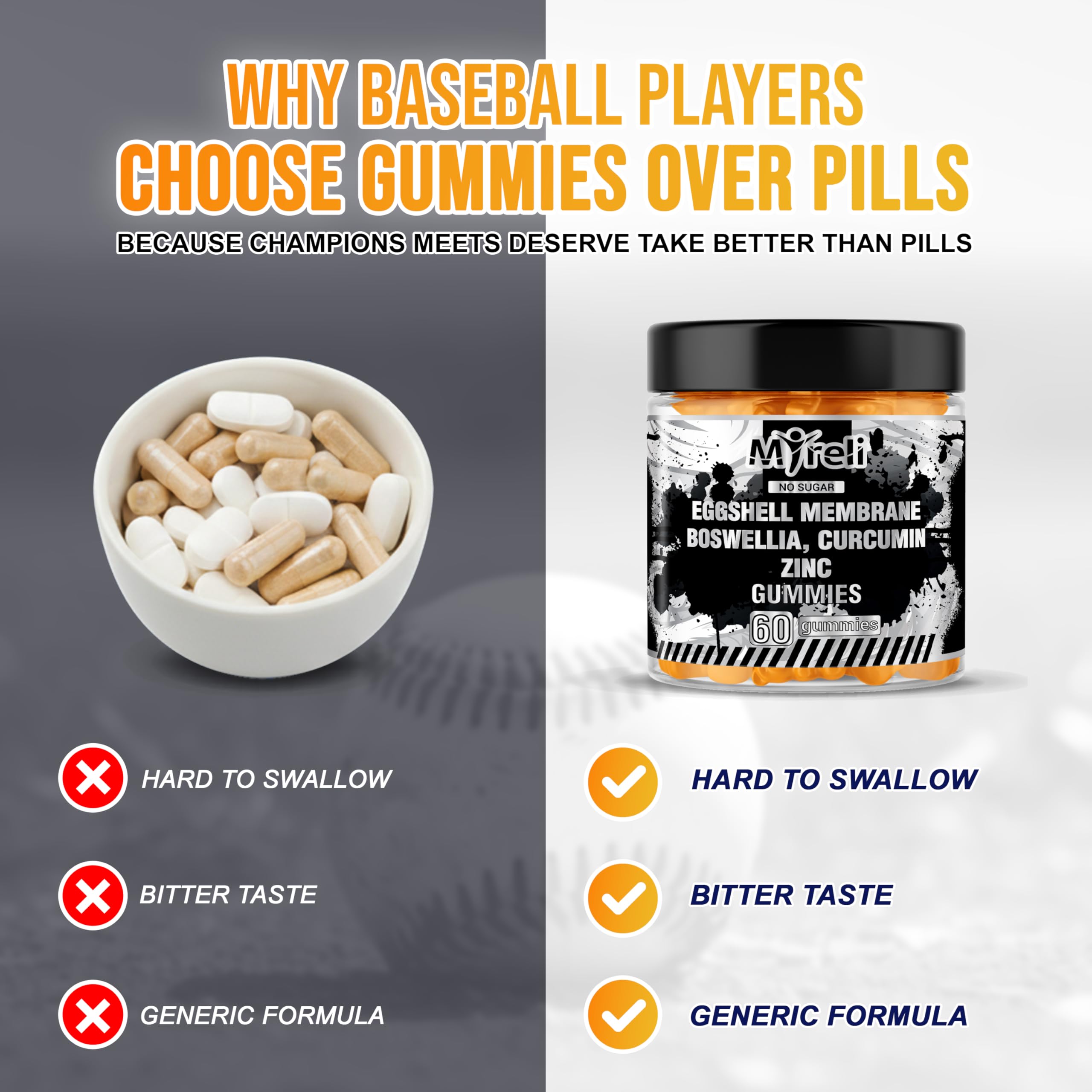 MYRELI Eggshell Membrane 400mg, Boswellia 300mg, Curcumin 250mg & Zinc 20mg Gummies - Baseball Athlete Joint Support, Flexibility, Recovery, Antioxidant, Energy, Endurance - Vegan, Non-GMO, 60 Gummies MYRELI uk supplements