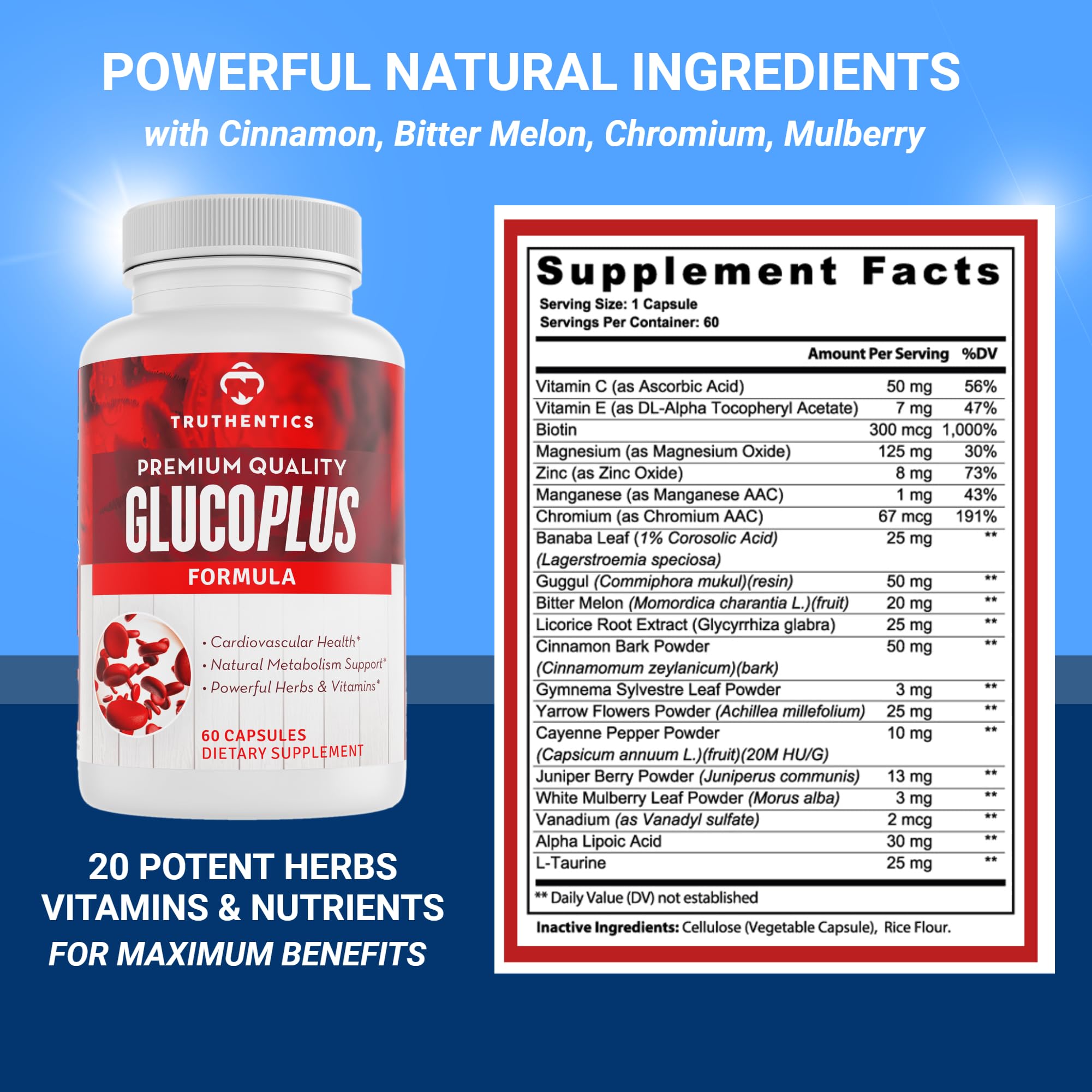 TRUTHENTICS GlucoPlus - 20 Herbs, Vitamins & Minerals with Cinnamon, Chromium, Vanadium, Bitter Melon, Alpha Lipoic Acid, Magnesium - Gluten Free, Non-GMO - 60 Capsules TRUTHENTICS uk supplements